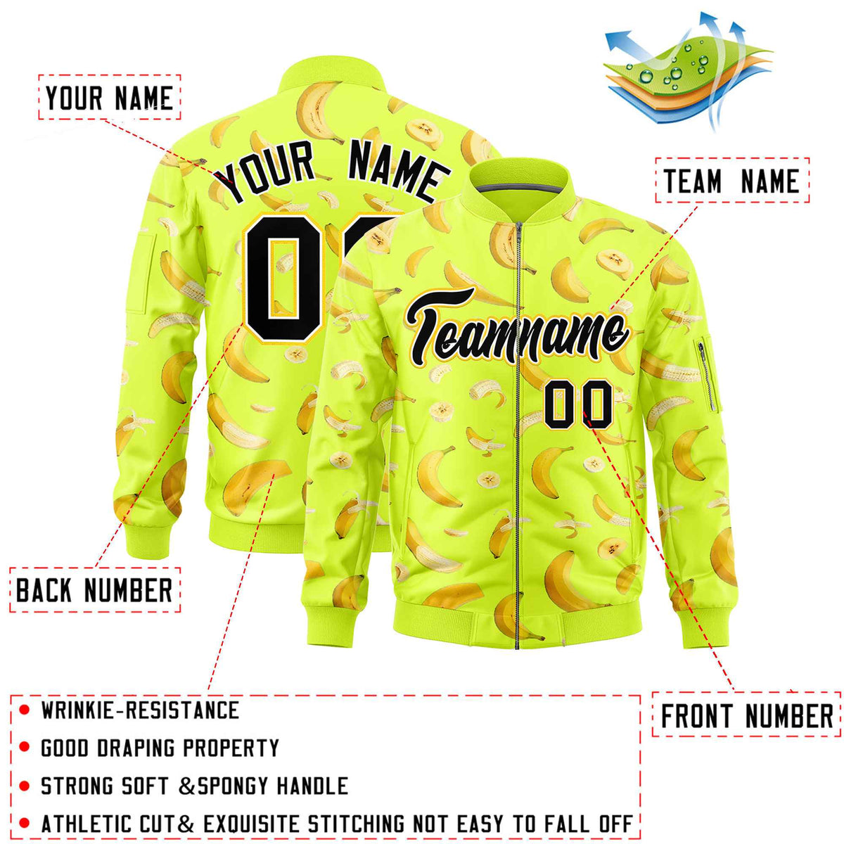 Custom Fluorescent Green Varsity Full-Zip Banana Pattern Letterman Bomber Jacket | Graffiti Pattern | Embroidery&Dye-sublimation printing | KXKSHOP