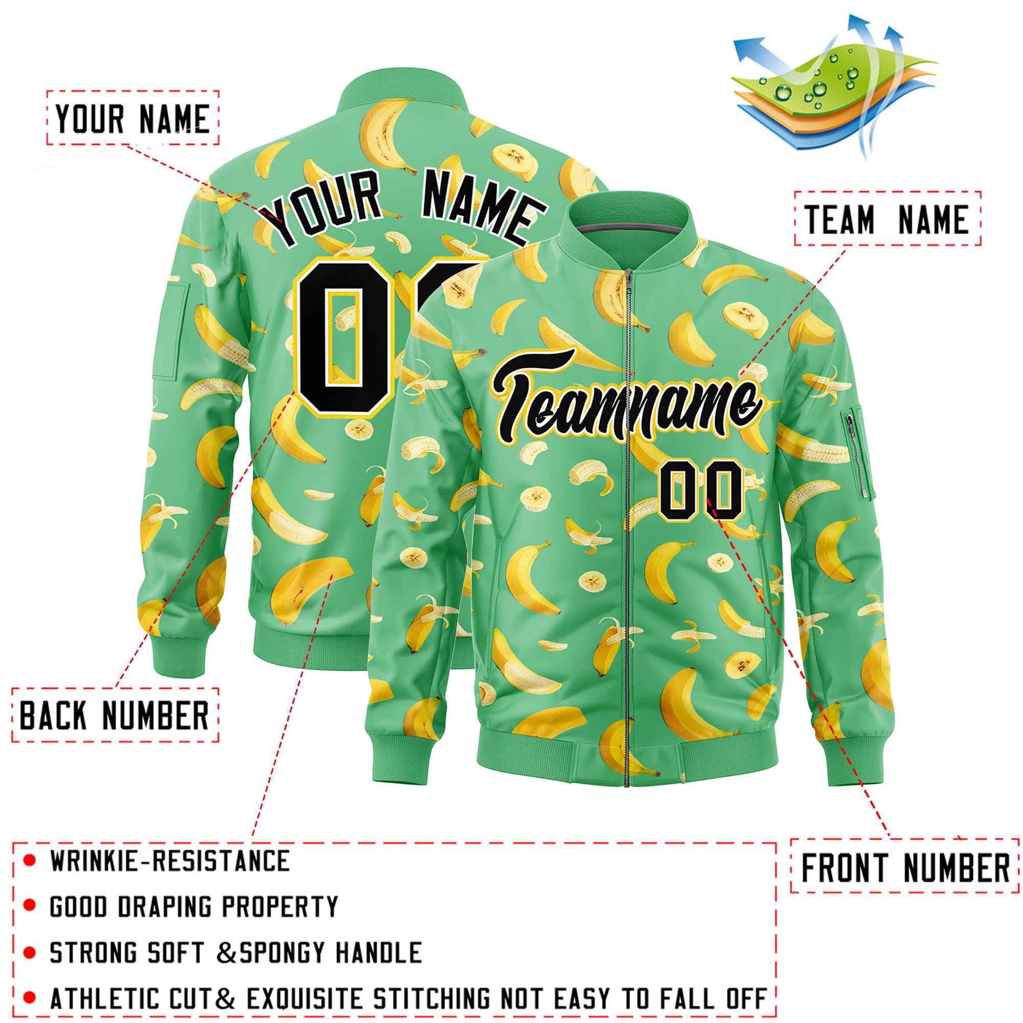 Custom Neon Green Varsity Full-Zip Banana Pattern Letterman Bomber Jacket | Graffiti Pattern | Embroidery&Dye-sublimation printing | KXKSHOP