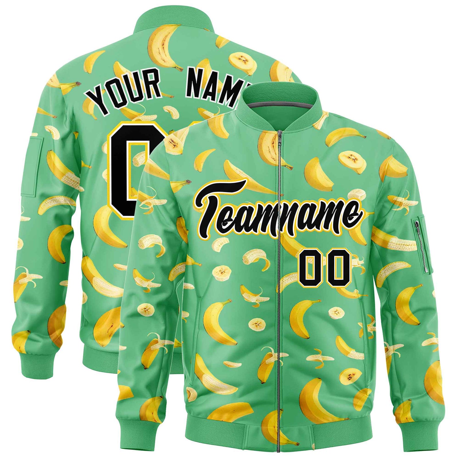 Custom Neon Green Varsity Full-Zip Banana Pattern Letterman Bomber Jacket | Graffiti Pattern | Embroidery&Dye-sublimation printing | KXKSHOP