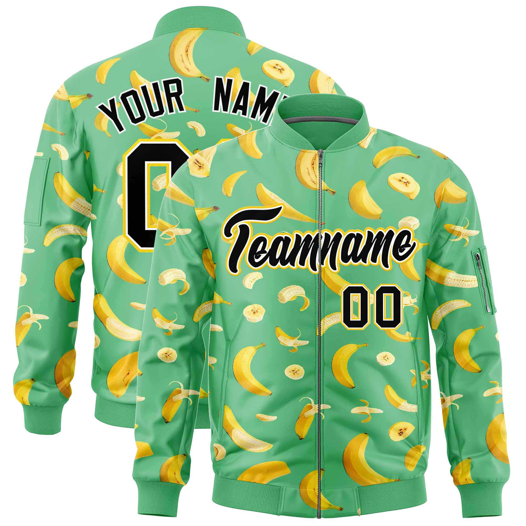 Custom Neon Green Varsity Full-Zip Banana Pattern Letterman Bomber Jacket | Graffiti Pattern | Embroidery&Dye-sublimation printing | KXKSHOP