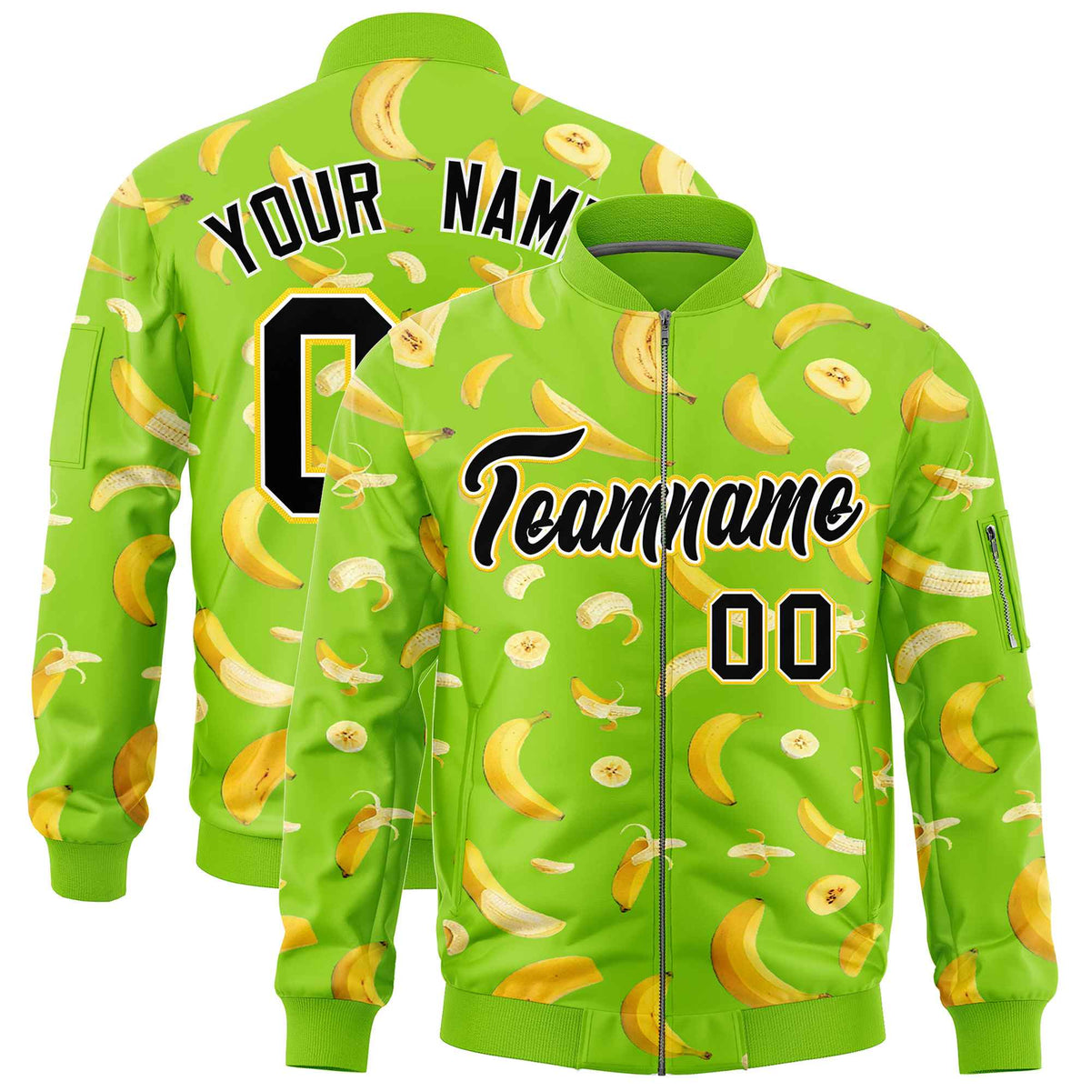 Custom Neon Green Varsity Full-Zip Banana Pattern Letterman Bomber Jacket | Graffiti Pattern | Embroidery&amp;Dye-sublimation printing | KXKSHOP