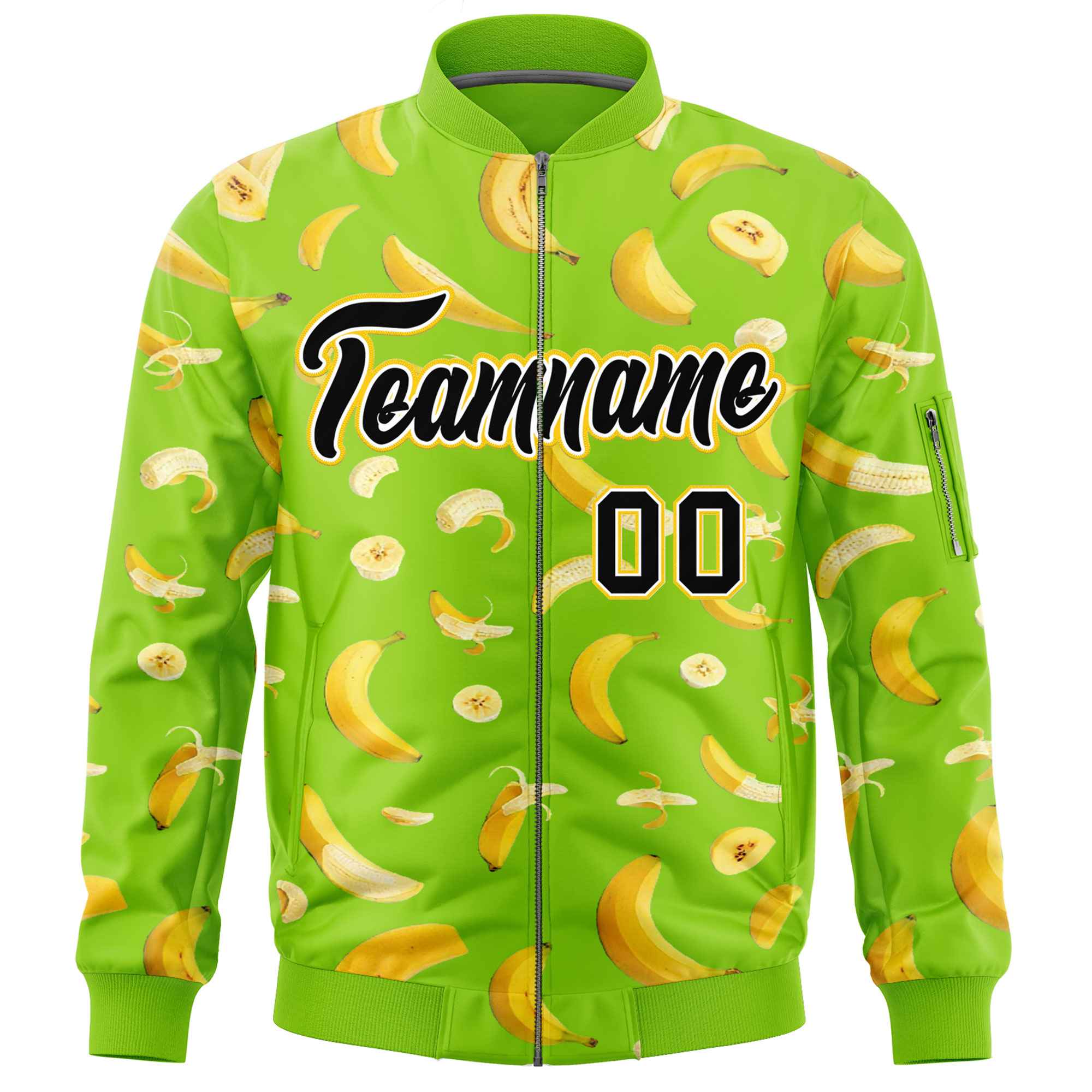 Custom Neon Green Varsity Full-Zip Banana Pattern Letterman Bomber Jacket | Graffiti Pattern | Embroidery&Dye-sublimation printing | KXKSHOP