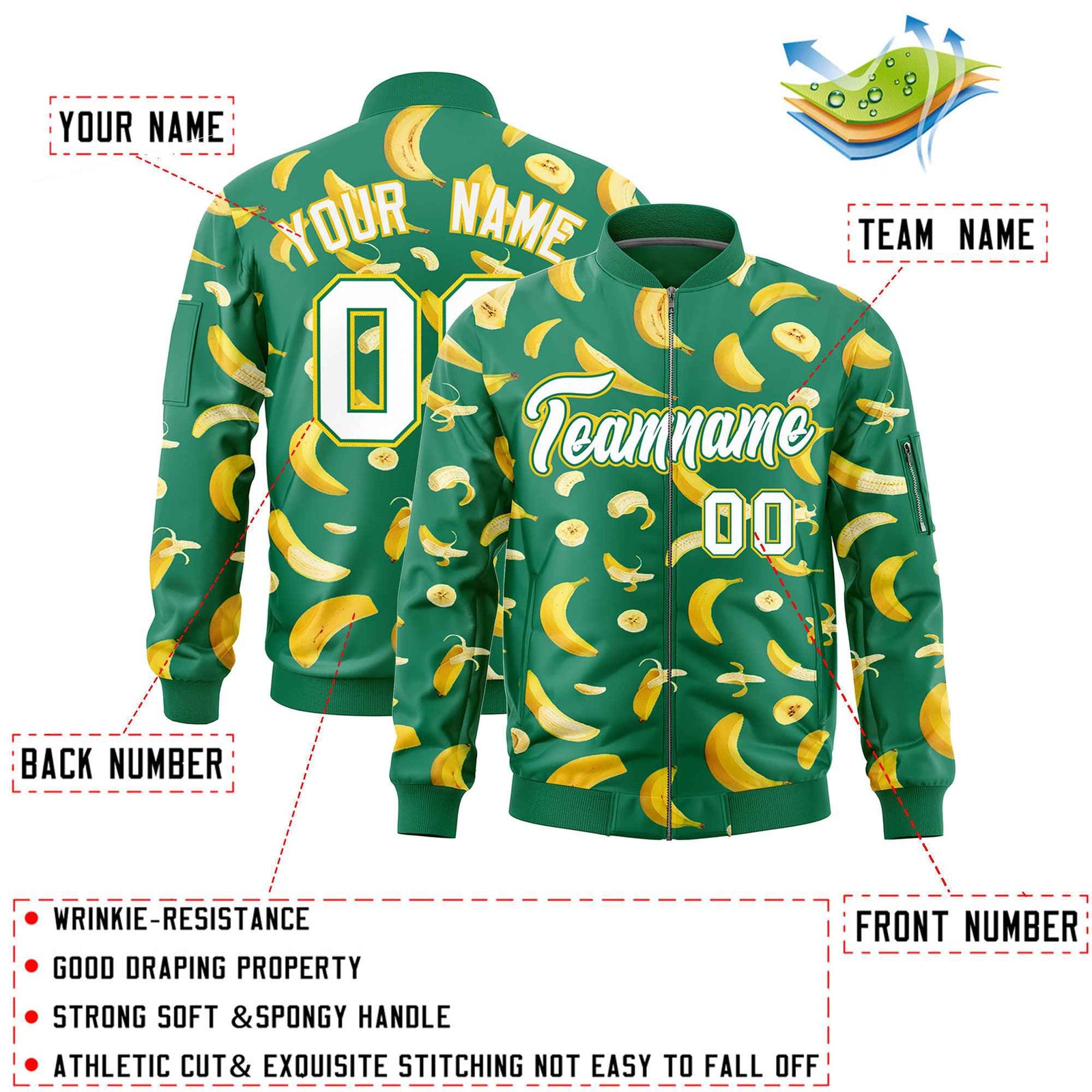 Custom Kelly Green Varsity Full-Zip Banana Pattern Letterman Bomber Jacket | Graffiti Pattern | Embroidery&Dye-sublimation printing | KXKSHOP