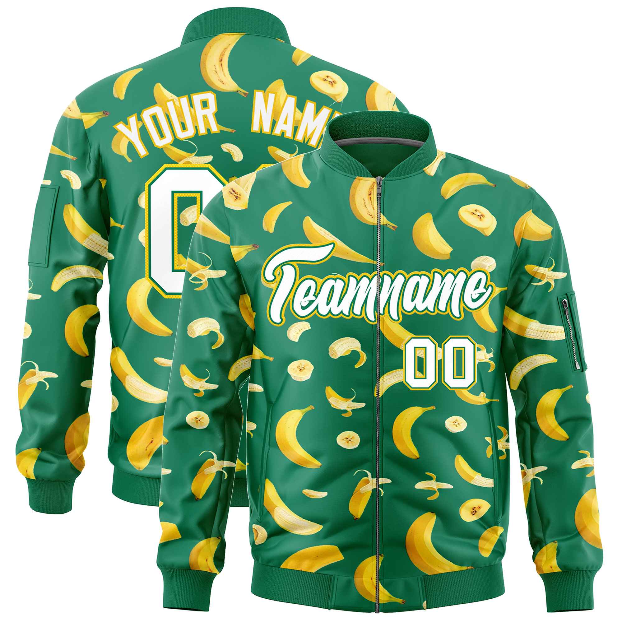 Custom Kelly Green Varsity Full-Zip Banana Pattern Letterman Bomber Jacket | Graffiti Pattern | Embroidery&Dye-sublimation printing | KXKSHOP