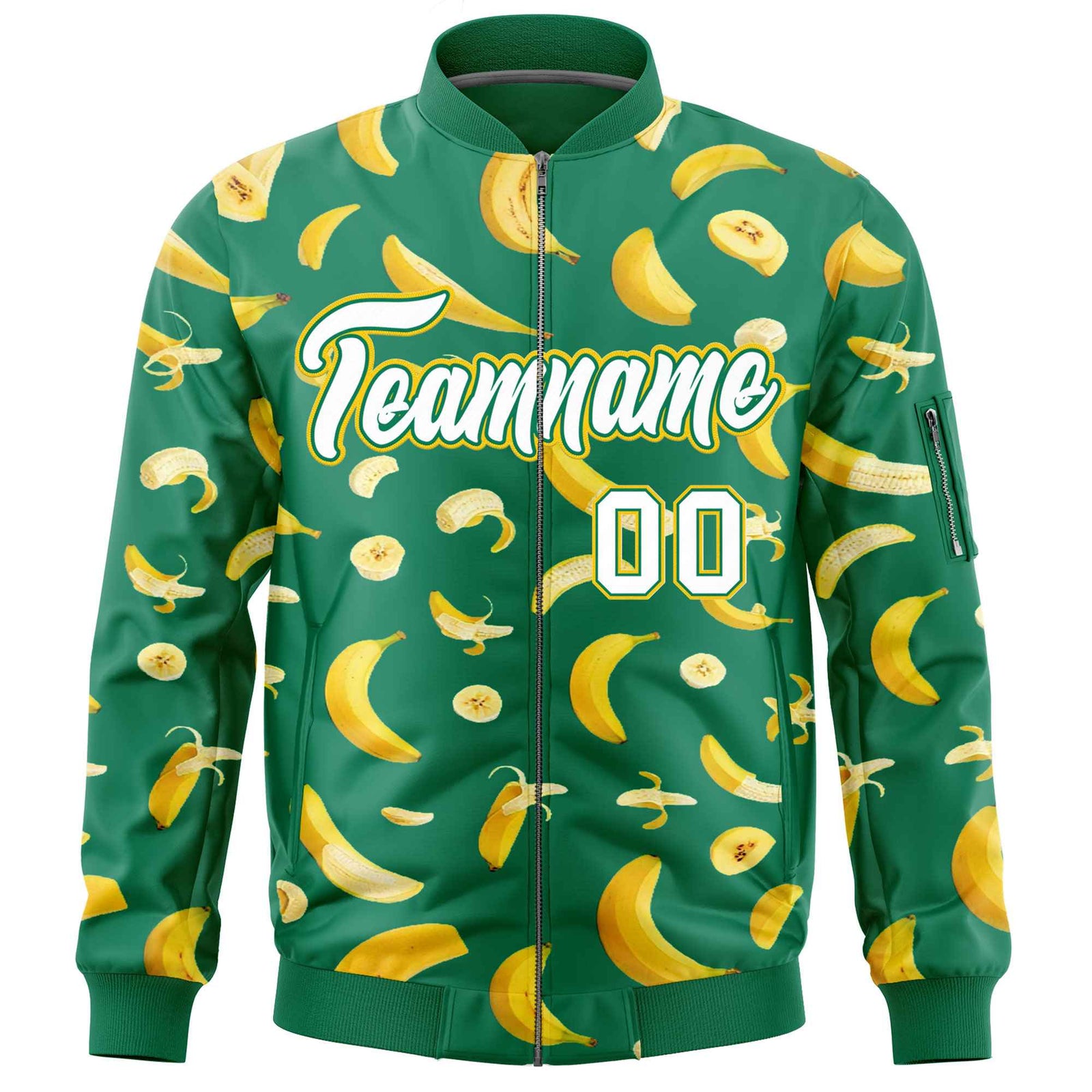 Custom Kelly Green Varsity Full-Zip Banana Pattern Letterman Bomber Jacket | Graffiti Pattern | Embroidery&Dye-sublimation printing | KXKSHOP