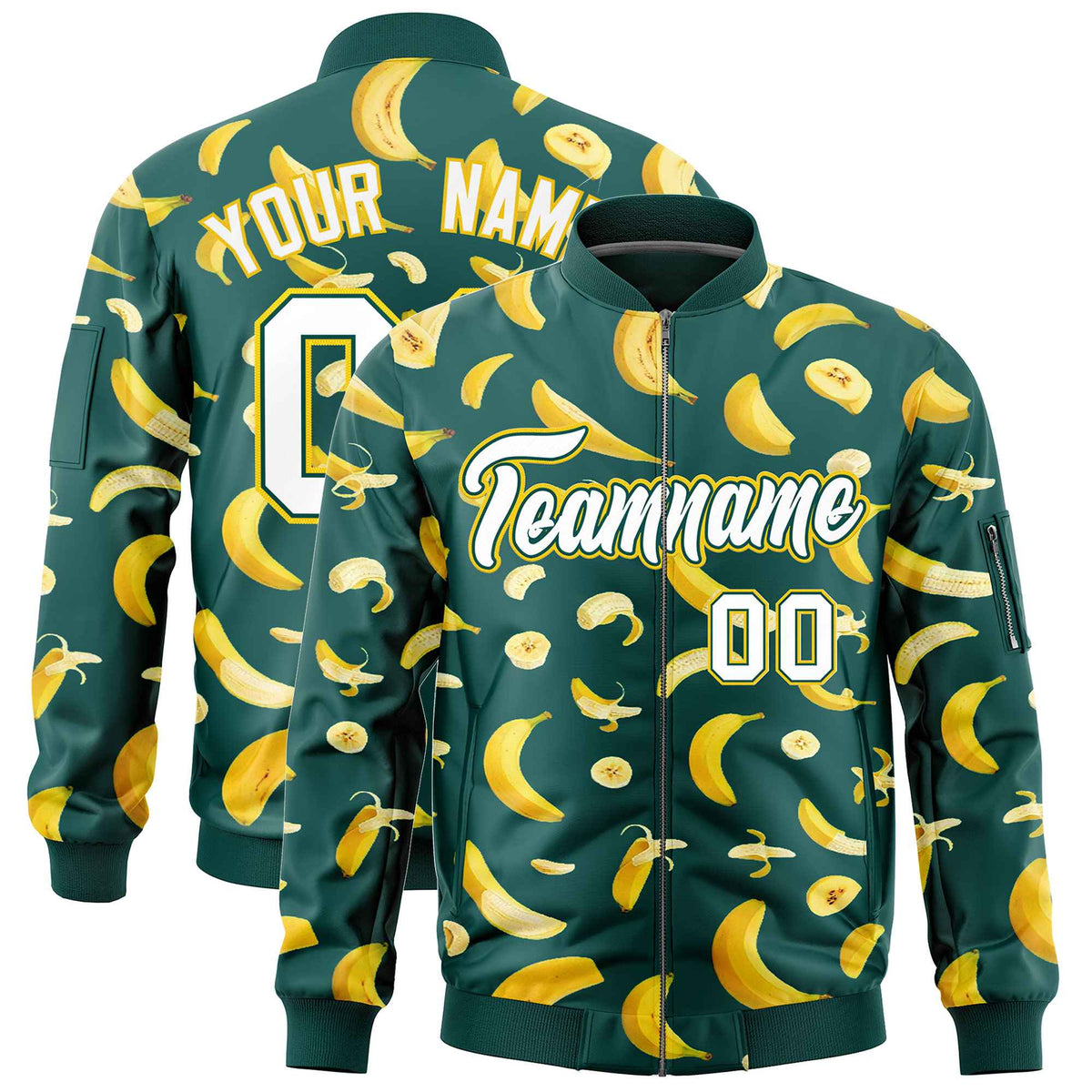 Custom Midnight Green Varsity Full-Zip Banana Pattern Letterman Bomber Jacket | Graffiti Pattern | Embroidery&amp;Dye-sublimation printing | KXKSHOP