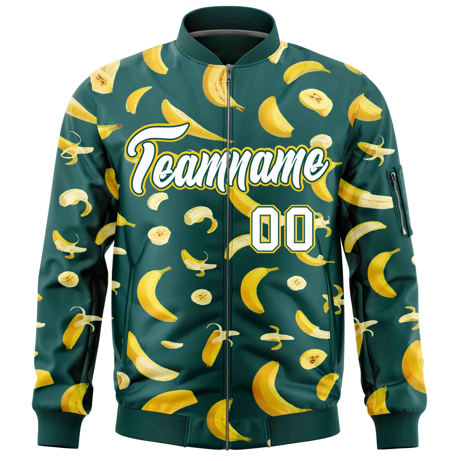 Custom Midnight Green Varsity Full-Zip Banana Pattern Letterman Bomber Jacket | Graffiti Pattern | Embroidery&Dye-sublimation printing | KXKSHOP