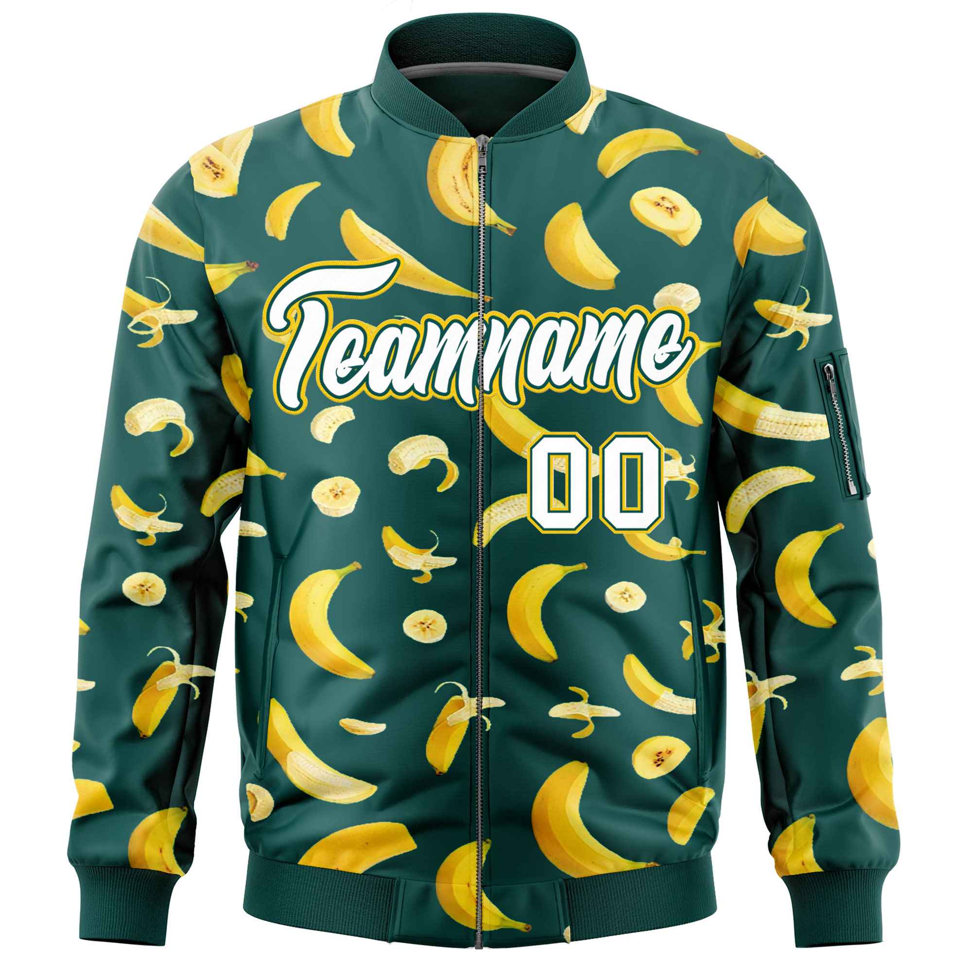Custom Midnight Green Varsity Full-Zip Banana Pattern Letterman Bomber Jacket | Graffiti Pattern | Embroidery&Dye-sublimation printing | KXKSHOP