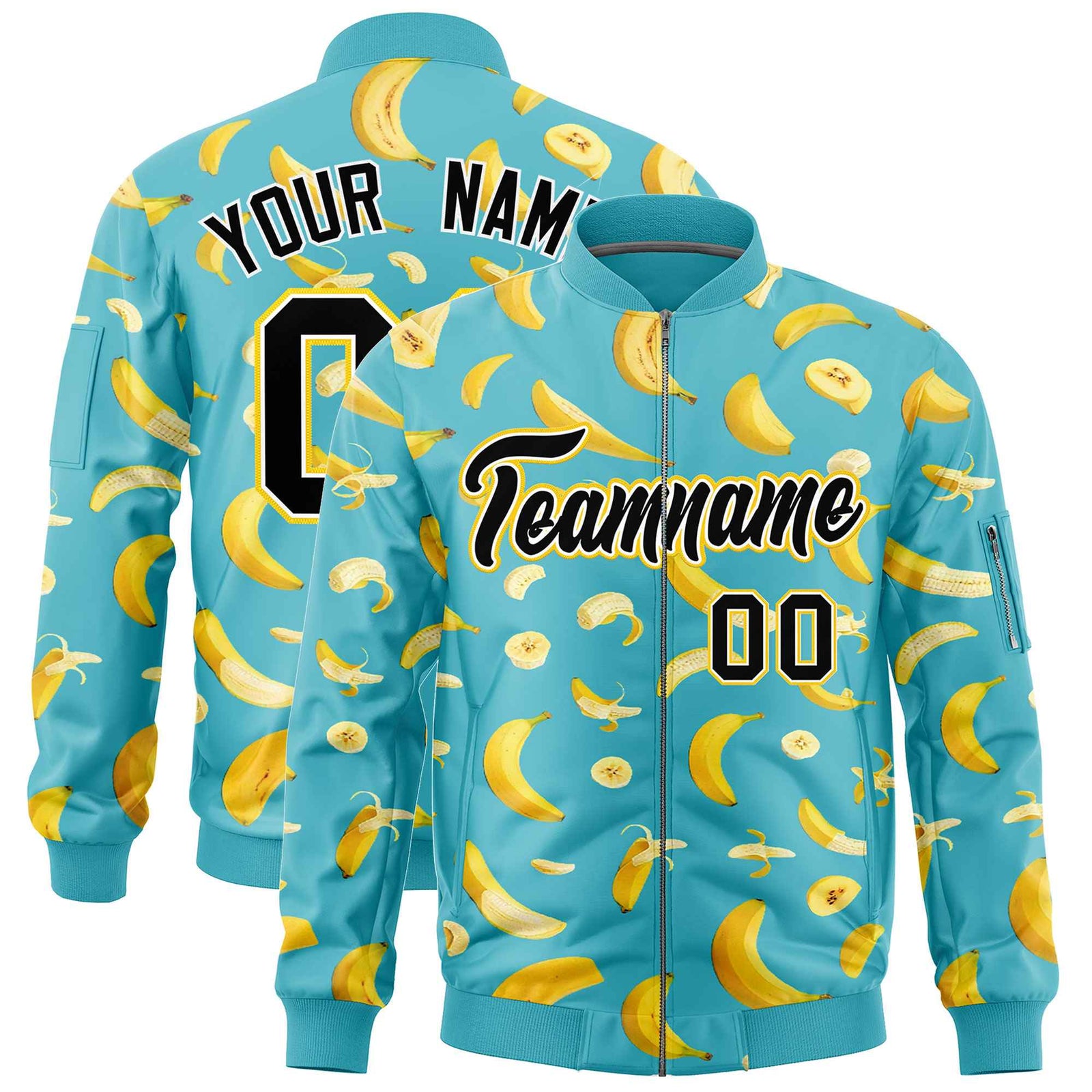 Custom Sky Blue Varsity Full-Zip Banana Pattern Letterman Bomber Jacket | Graffiti Pattern | Embroidery&Dye-sublimation printing | KXKSHOP