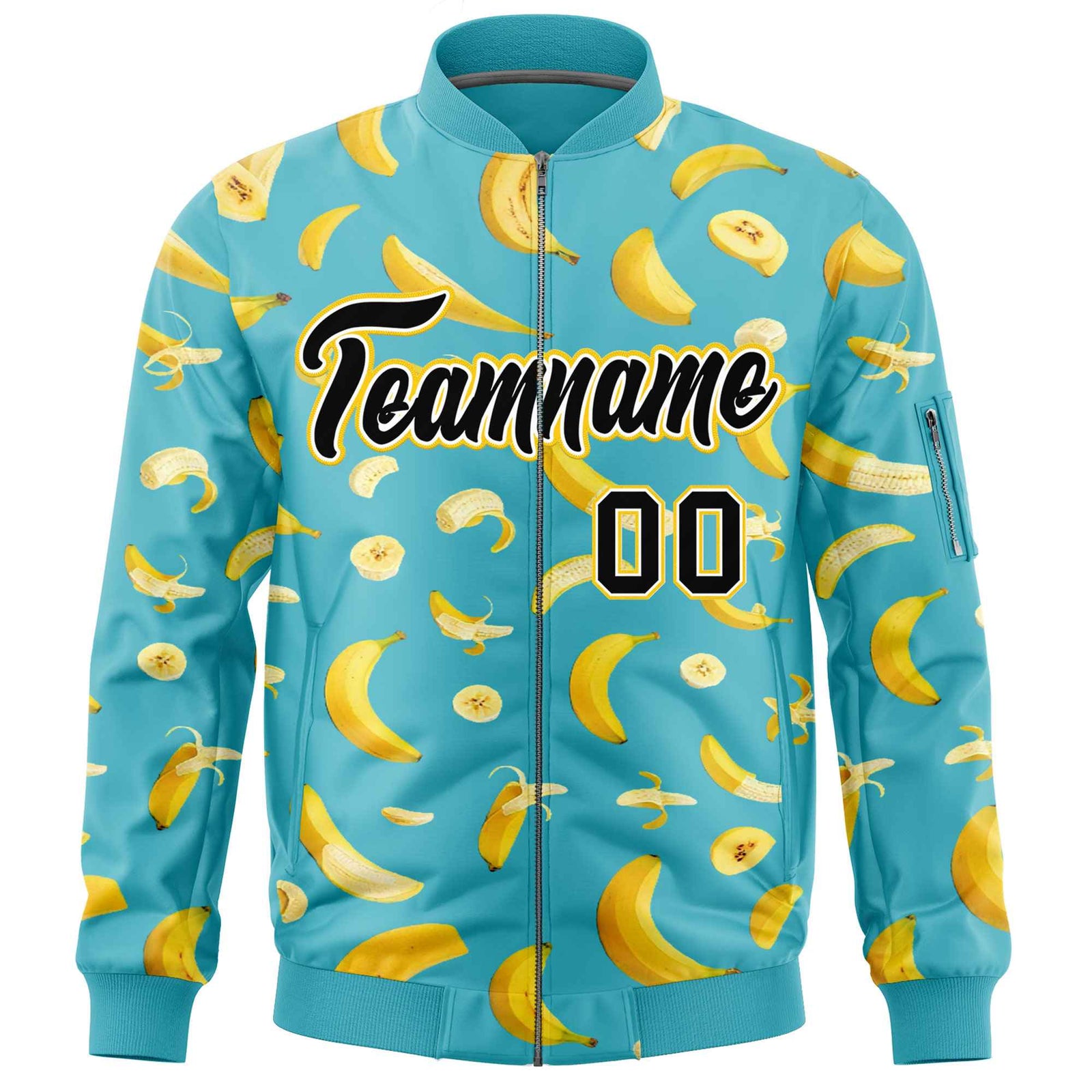 Custom Sky Blue Varsity Full-Zip Banana Pattern Letterman Bomber Jacket | Graffiti Pattern | Embroidery&Dye-sublimation printing | KXKSHOP