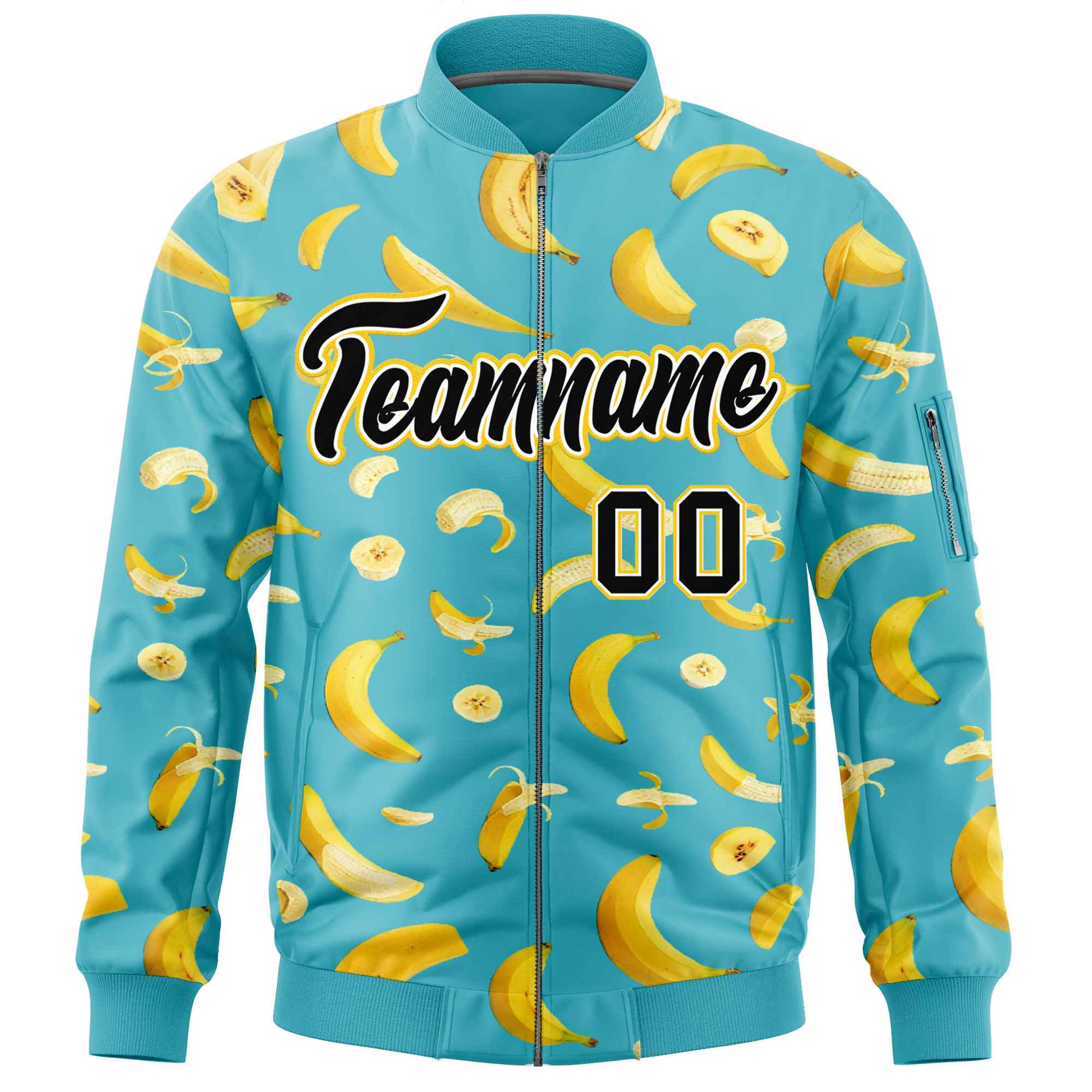 Custom Sky Blue Varsity Full-Zip Banana Pattern Letterman Bomber Jacket | Graffiti Pattern | Embroidery&Dye-sublimation printing | KXKSHOP