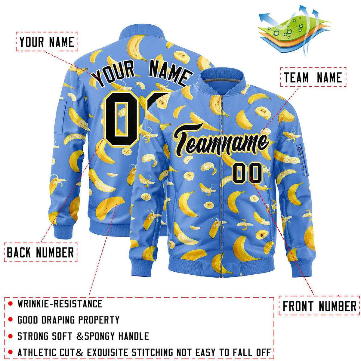 Custom Powder Blue Varsity Full-Zip Banana Pattern Letterman Bomber Jacket | Graffiti Pattern | Embroidery&amp;Dye-sublimation printing | KXKSHOP