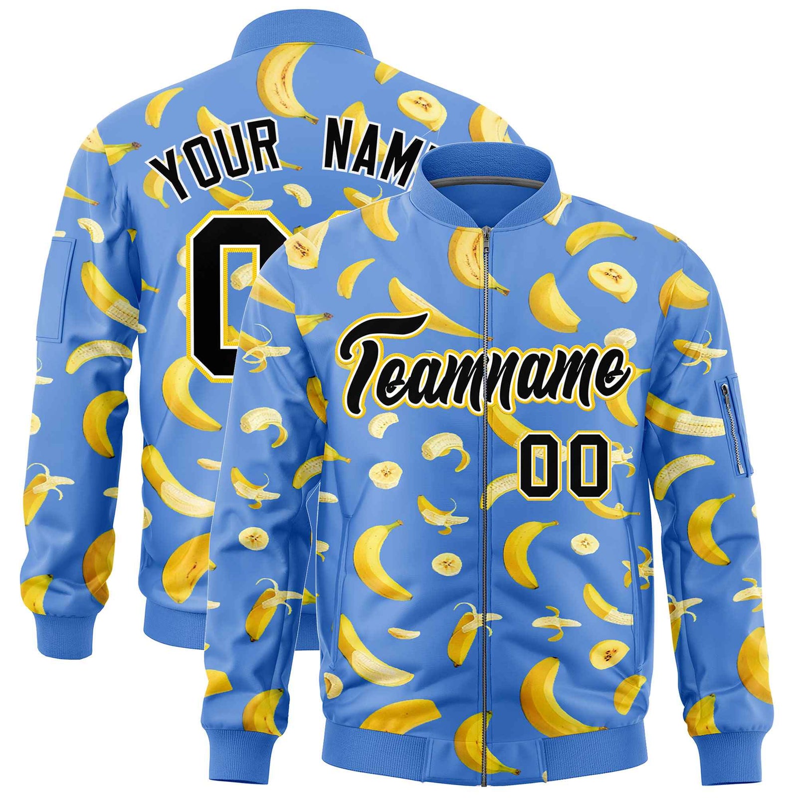 Custom Powder Blue Varsity Full-Zip Banana Pattern Letterman Bomber Jacket | Graffiti Pattern | Embroidery&Dye-sublimation printing | KXKSHOP