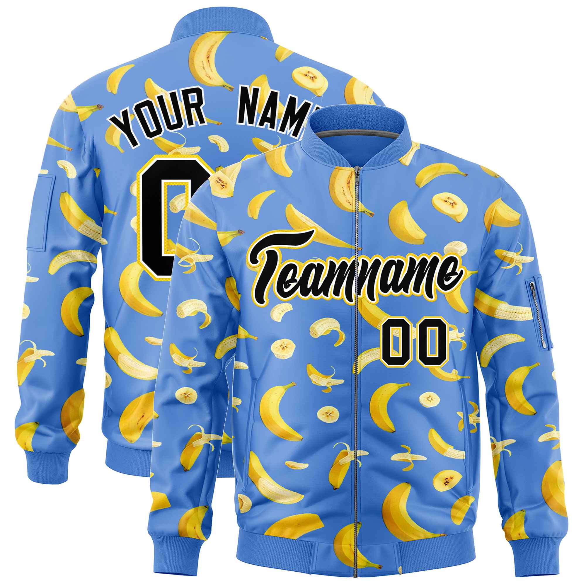 Custom Powder Blue Varsity Full-Zip Banana Pattern Letterman Bomber Jacket | Graffiti Pattern | Embroidery&Dye-sublimation printing | KXKSHOP