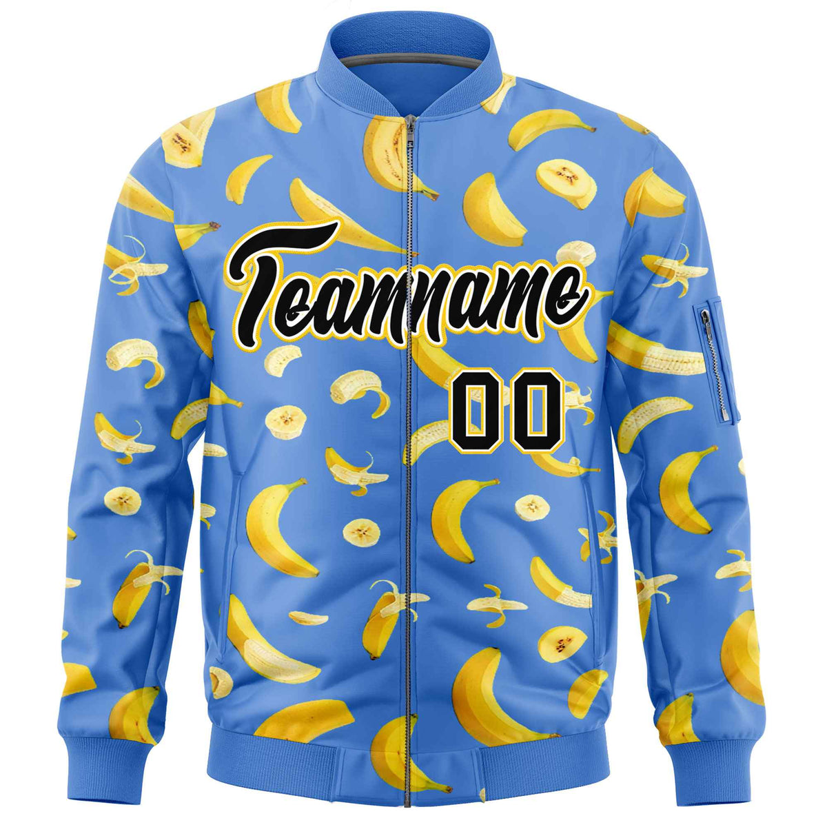 Custom Powder Blue Varsity Full-Zip Banana Pattern Letterman Bomber Jacket | Graffiti Pattern | Embroidery&amp;Dye-sublimation printing | KXKSHOP