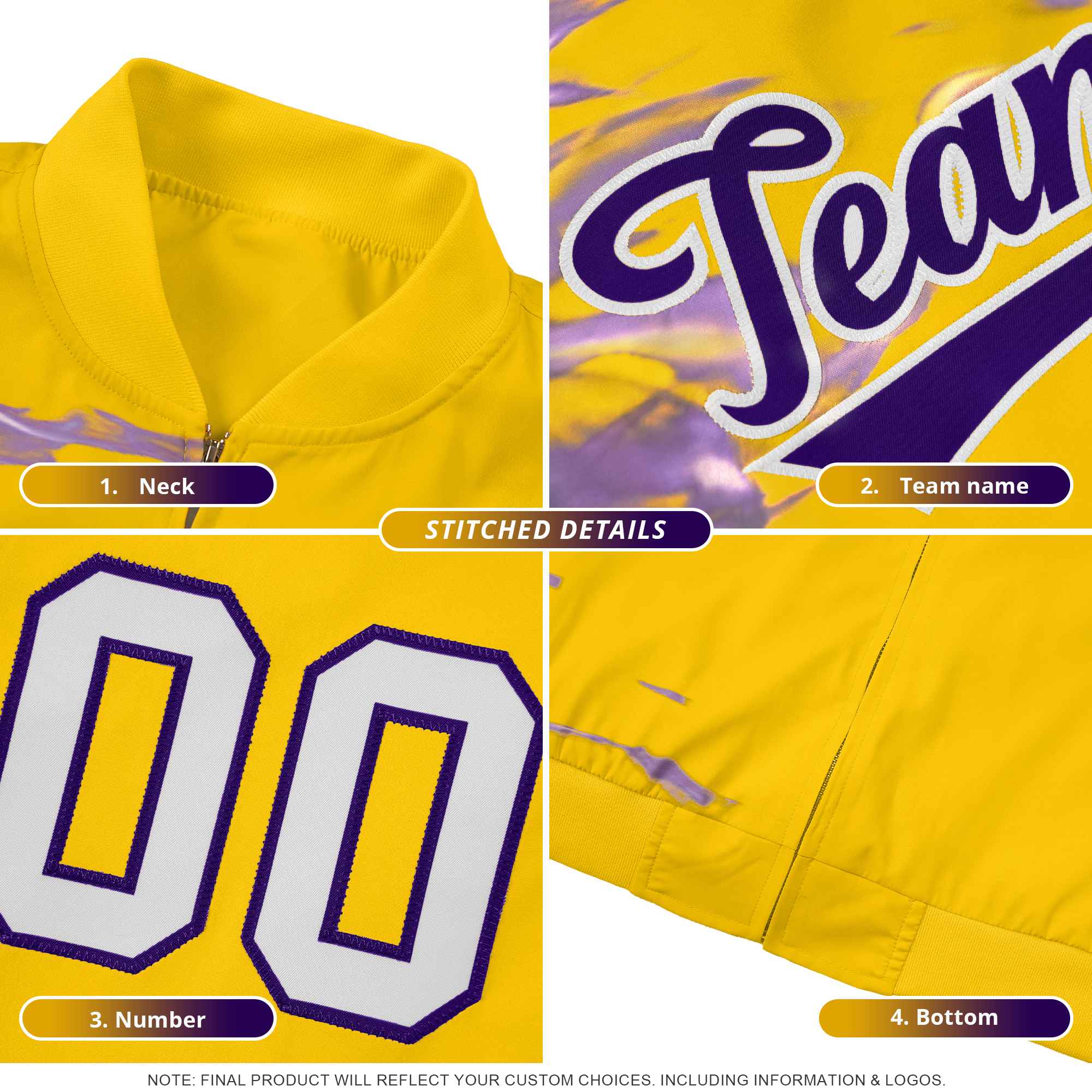 Custom Gold Varsity Full-Zip Banana Pattern Letterman Bomber Jacket | Graffiti Pattern | Embroidery&Dye-sublimation printing | KXKSHOP