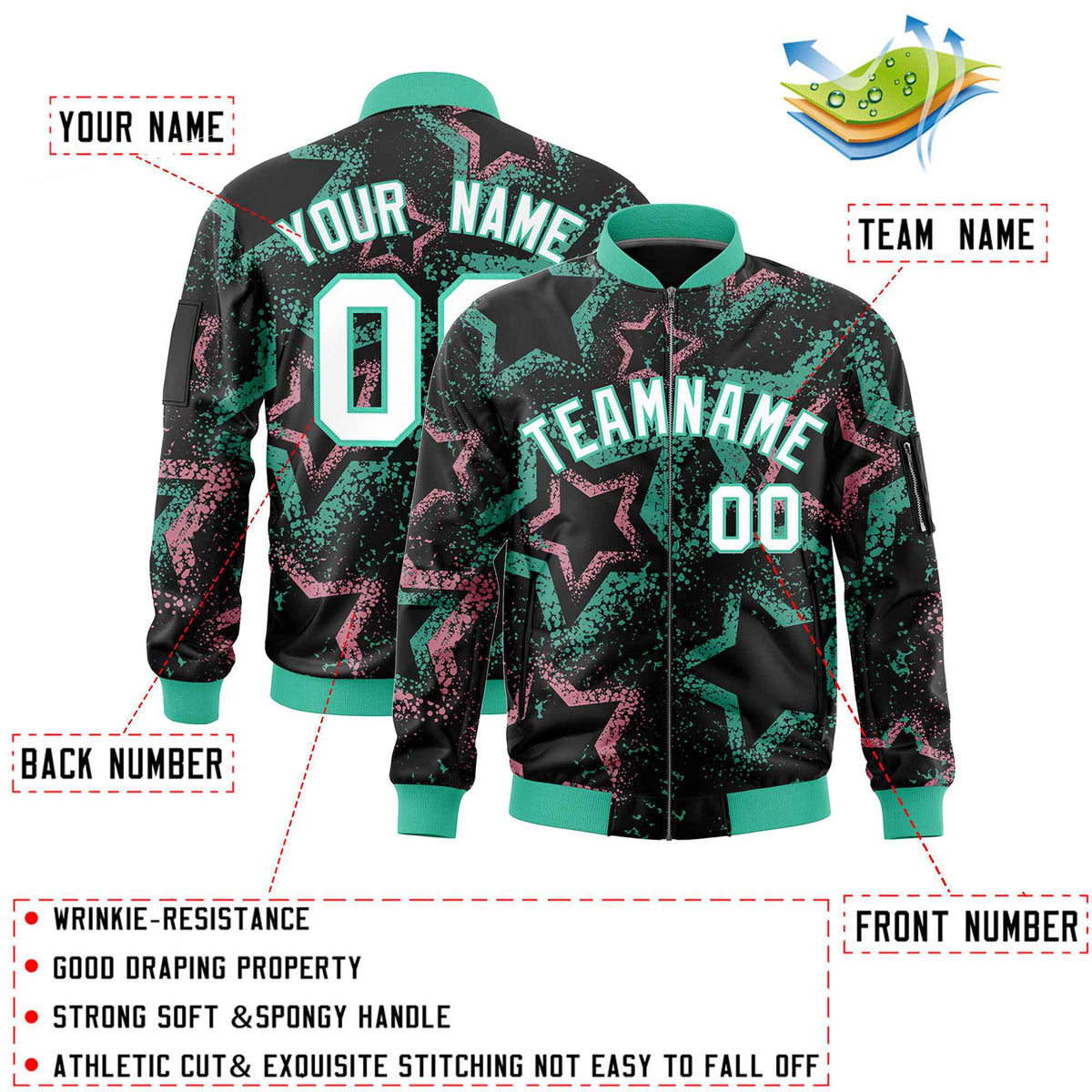 Custom Black Varsity Full-Zip Star Pattern Letterman Bomber Jacket