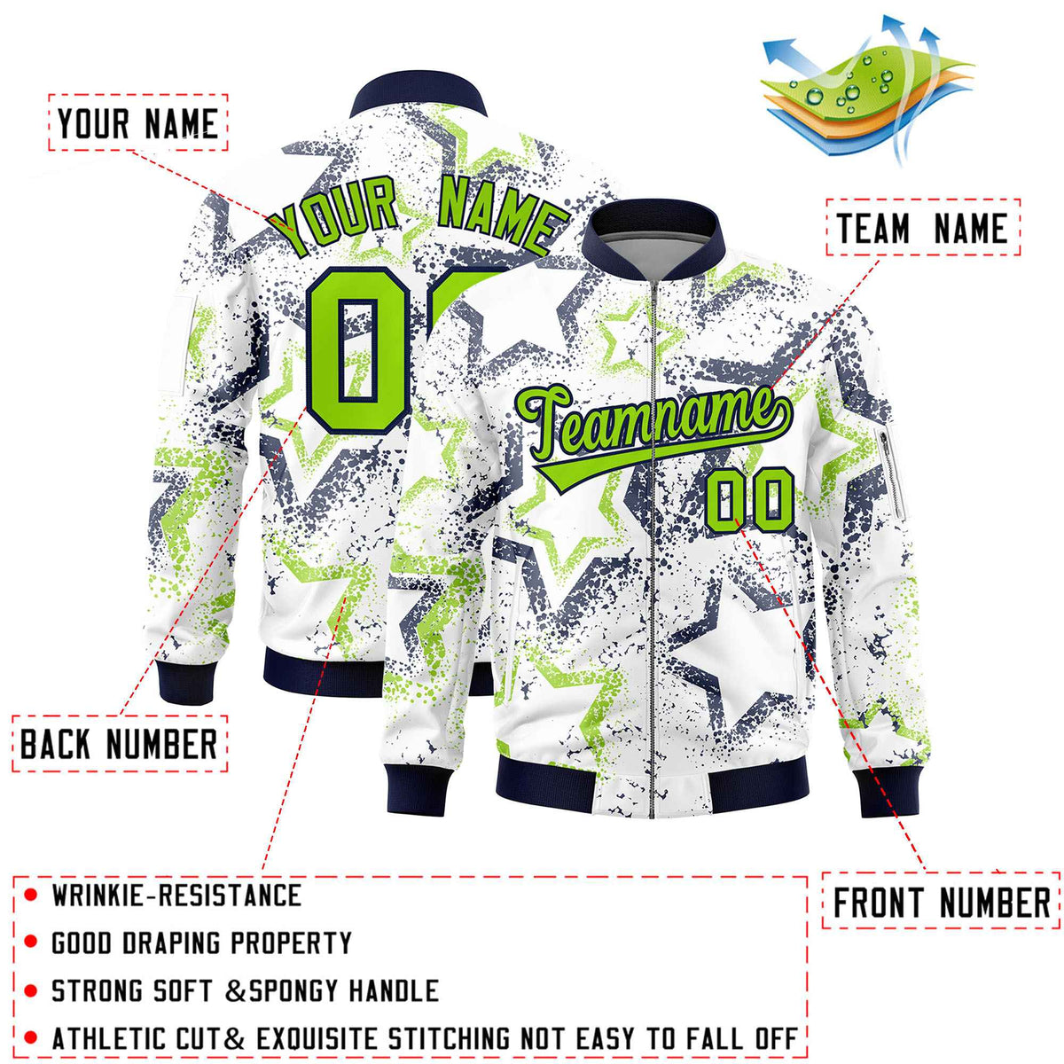 Custom White Varsity Full-Zip Star Pattern Letterman Bomber Jacket