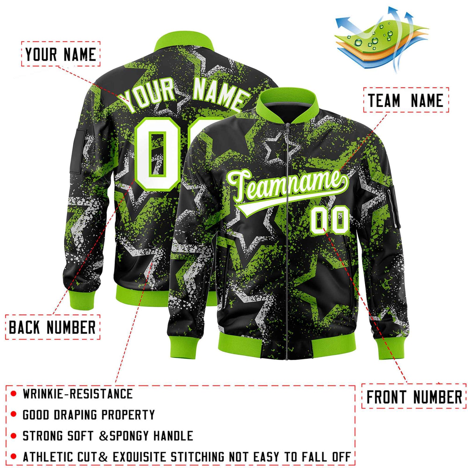 Custom Black Varsity Full-Zip Star Pattern Letterman Bomber Jacket