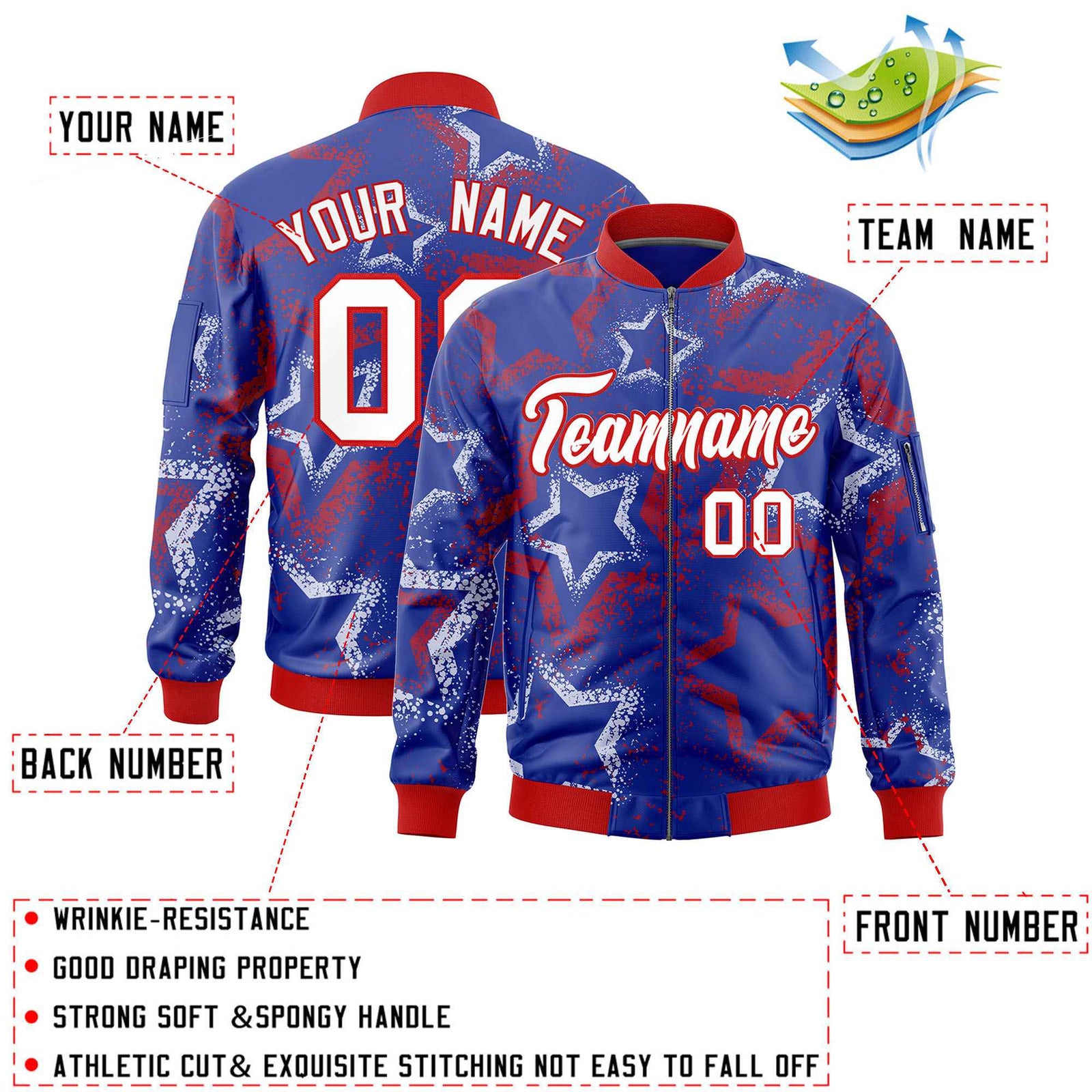 Custom Royal Varsity Full-Zip Star Pattern Letterman Bomber Jacket