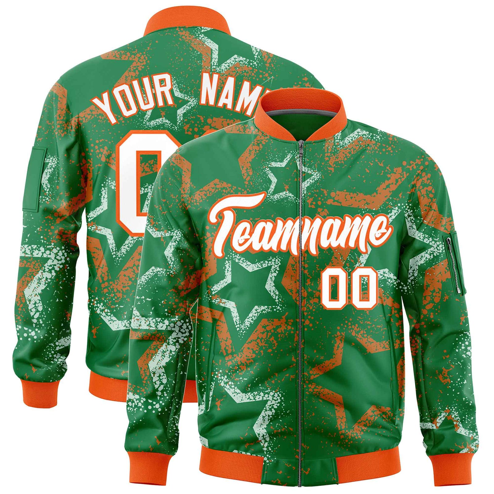 Custom Kelly Green Varsity Full-Zip Star Pattern Letterman Bomber Jacket