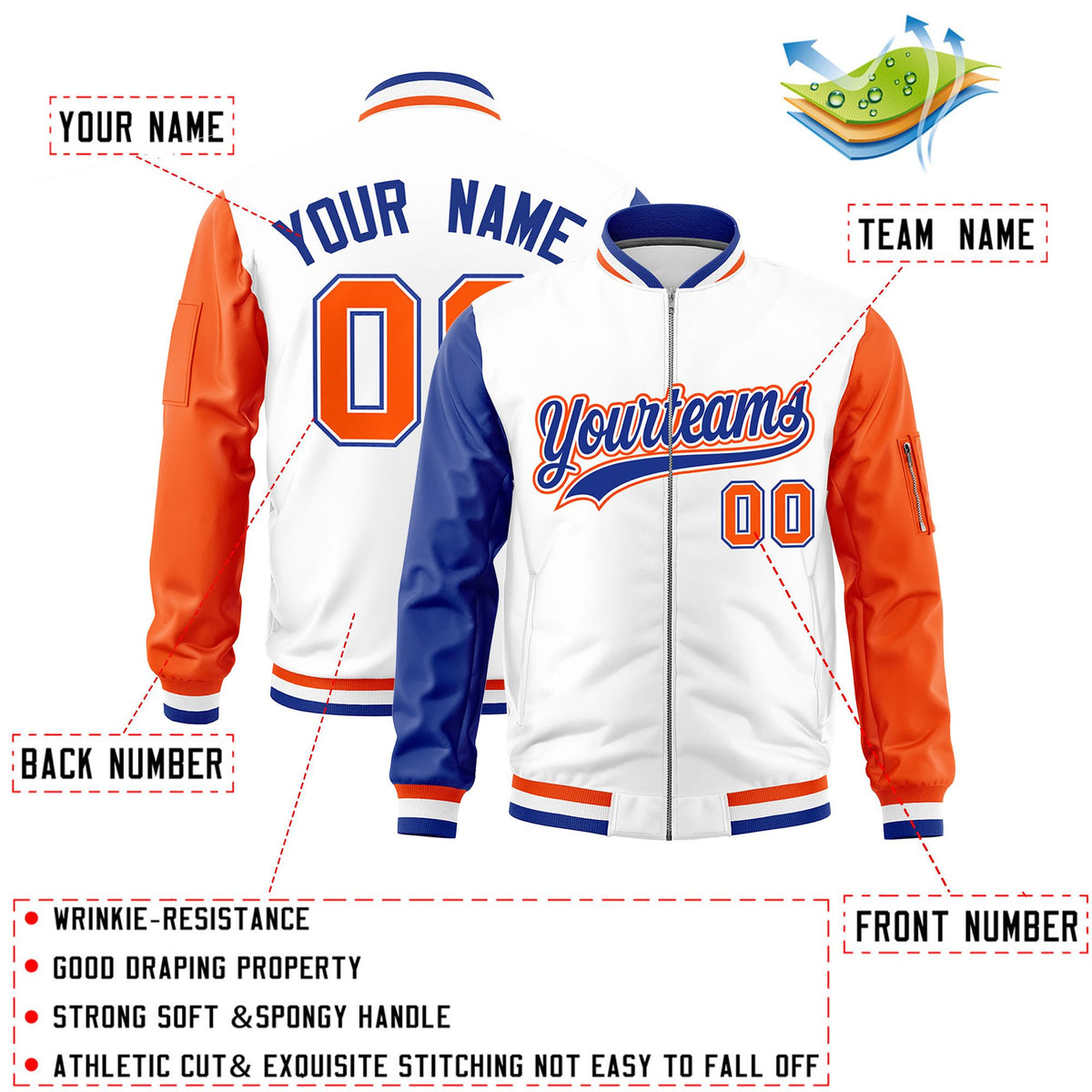 Custom White Royal Orange Varsity Full-Zip Raglan Sleeves Letterman Bomber Jacket