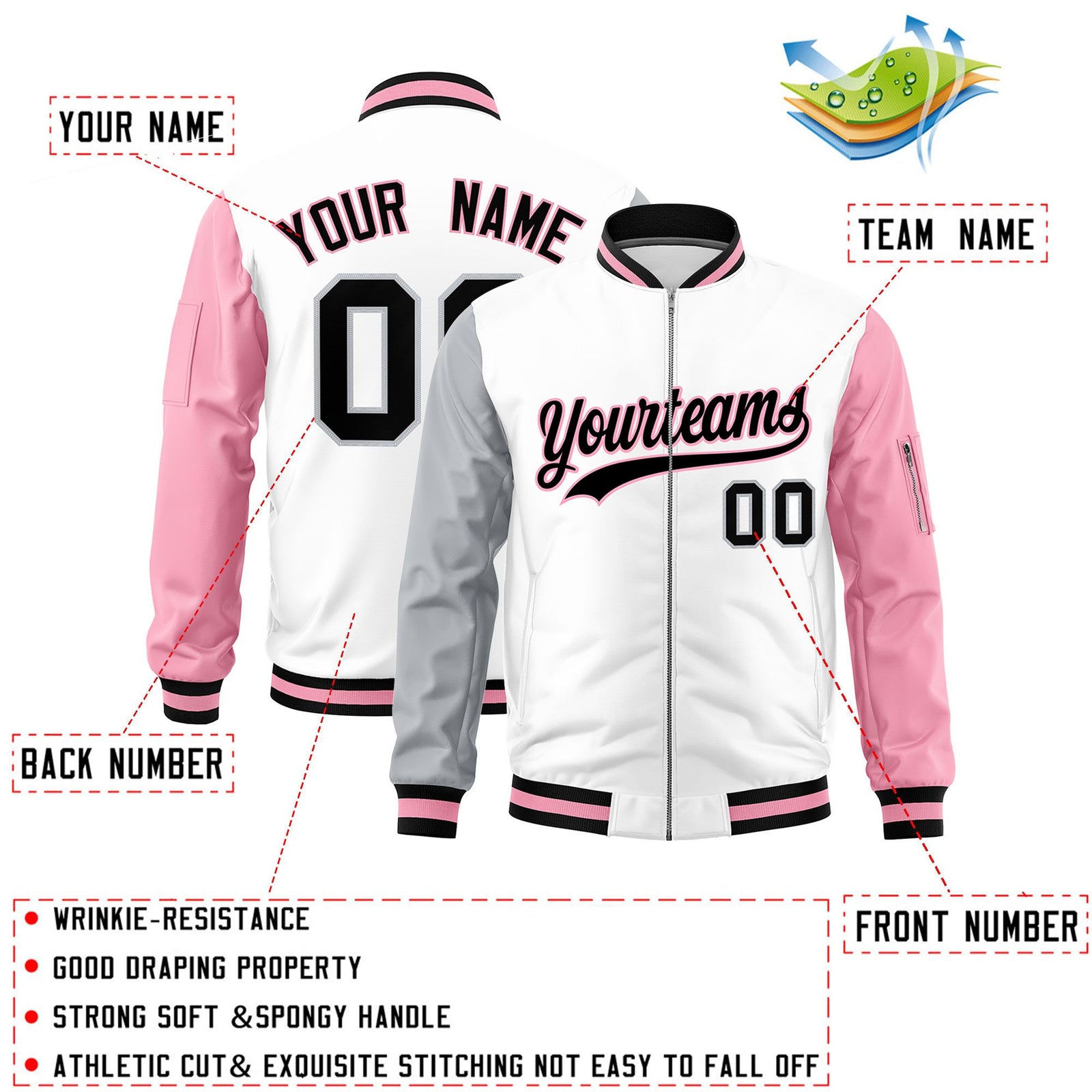 Custom White Silver Light Pink Varsity Full-Zip Raglan Sleeves Letterman Bomber Jacket