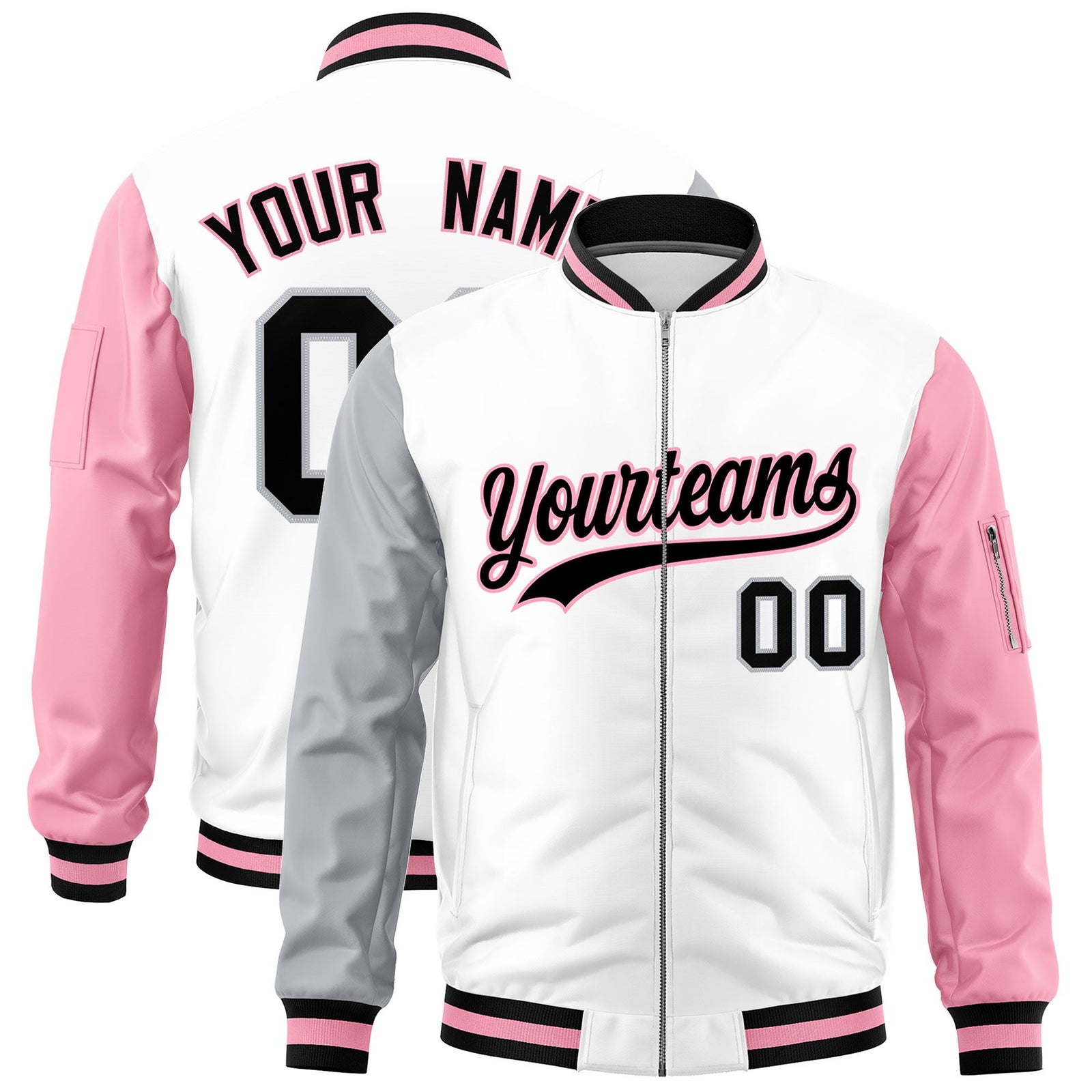 Custom White Silver Light Pink Varsity Full-Zip Raglan Sleeves Letterman Bomber Jacket