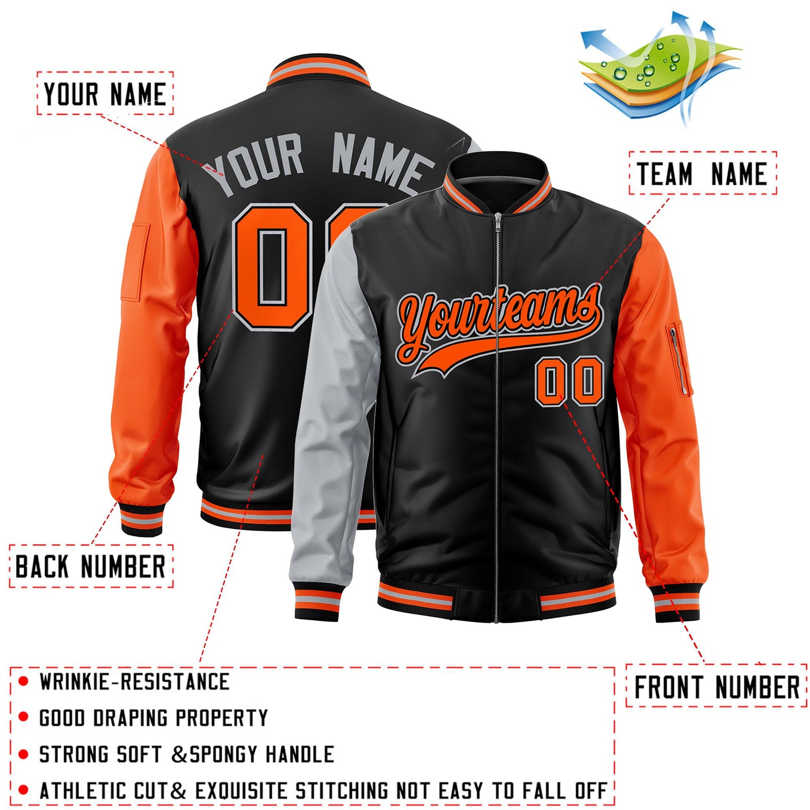 Custom Black Silver Orange Varsity Full-Zip Raglan Sleeves Letterman Bomber Jacket