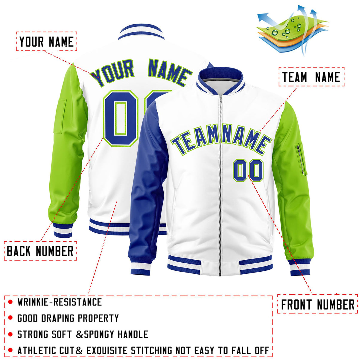 Custom White Royal Neon Green Varsity Full-Zip Raglan Sleeves Letterman Bomber Jacket