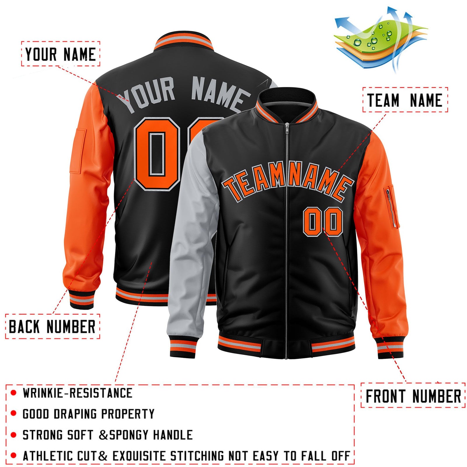 Custom Black Silver Orange Varsity Full-Zip Raglan Sleeves Letterman Bomber Jacket