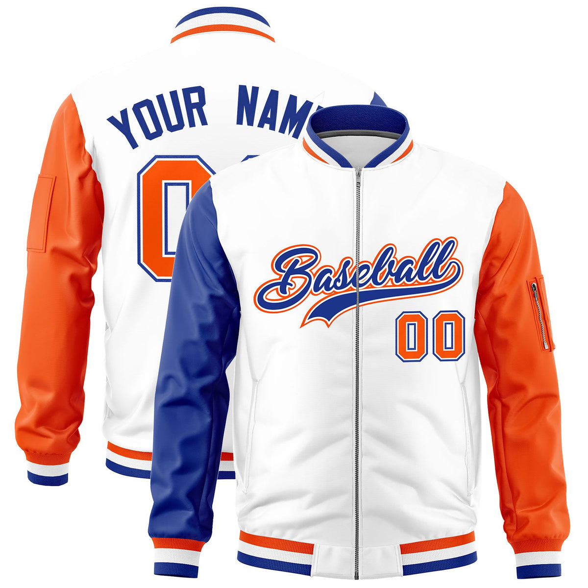 Custom White Royal Orange Varsity Full-Zip Raglan Sleeves Letterman Bomber Jacket