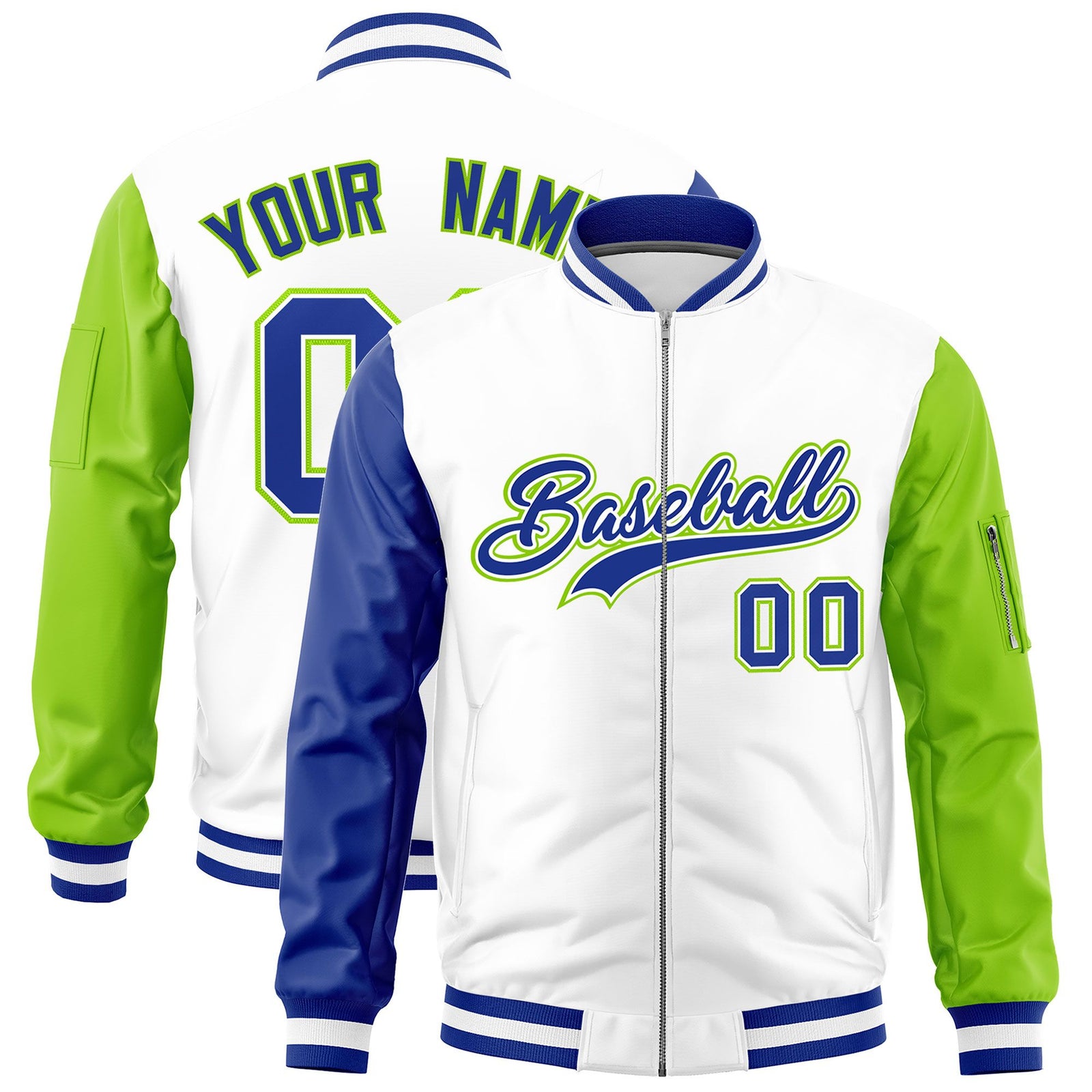 Custom White Royal Neon Green Varsity Full-Zip Raglan Sleeves Letterman Bomber Jacket