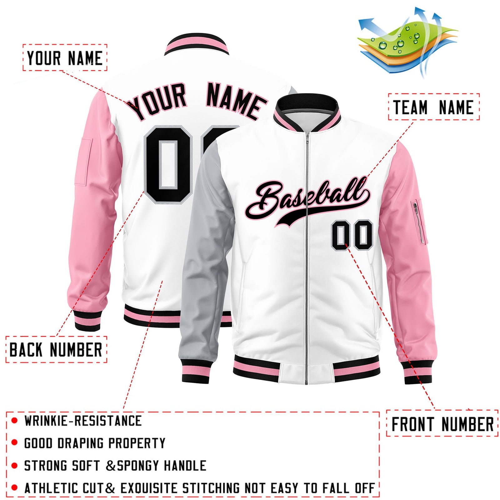 Custom White Silver Light Pink Varsity Full-Zip Raglan Sleeves Letterman Bomber Jacket