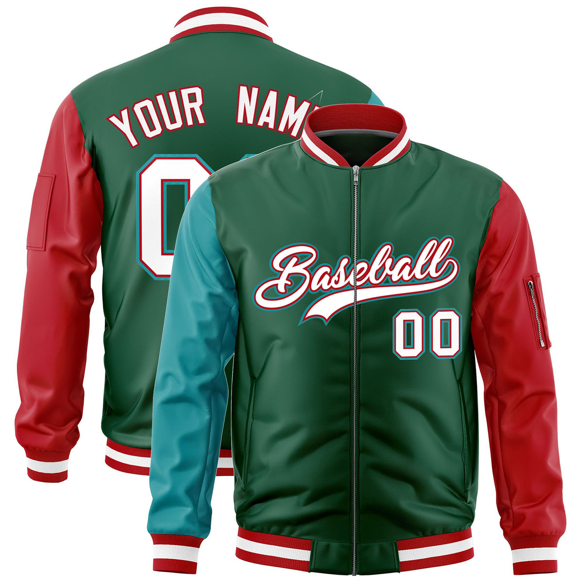 Custom Green Aqua Red Varsity Full-Zip Raglan Sleeves Letterman Bomber Jacket