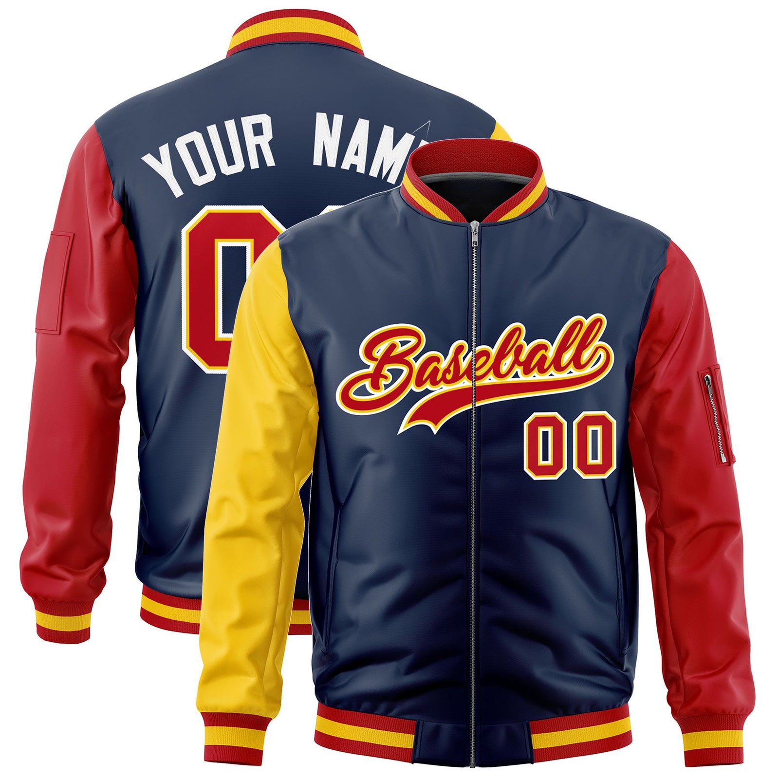 Custom Navy Gold Red Varsity Full-Zip Raglan Sleeves Letterman Bomber Jacket