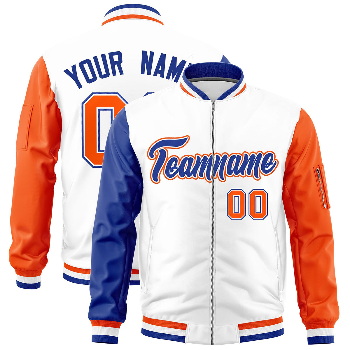 Custom White Royal Orange Varsity Full-Zip Raglan Sleeves Letterman Bomber Jacket