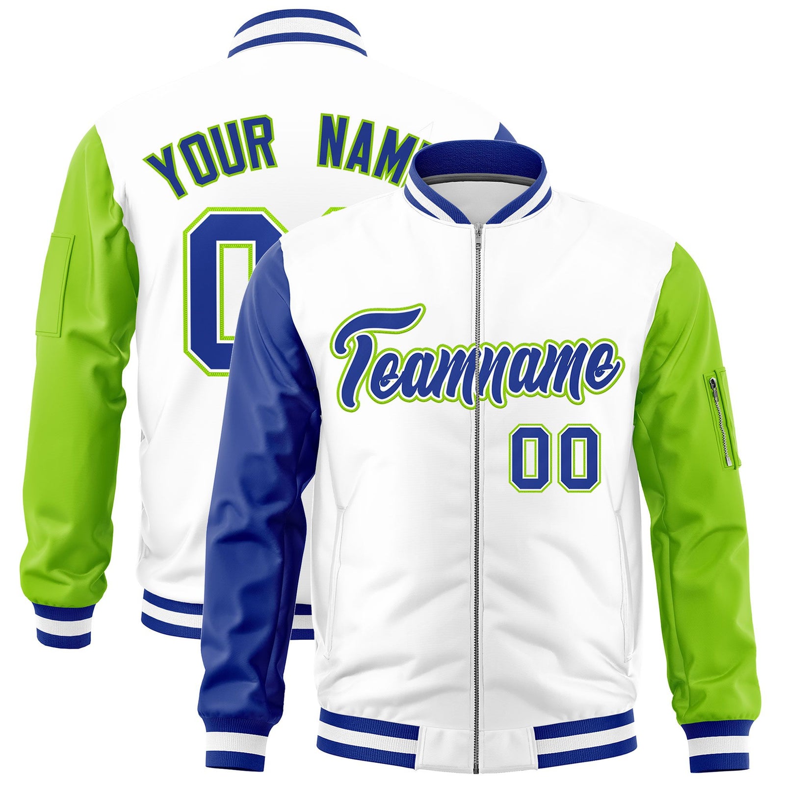 Custom White Royal Neon Green Varsity Full-Zip Raglan Sleeves Letterman Bomber Jacket