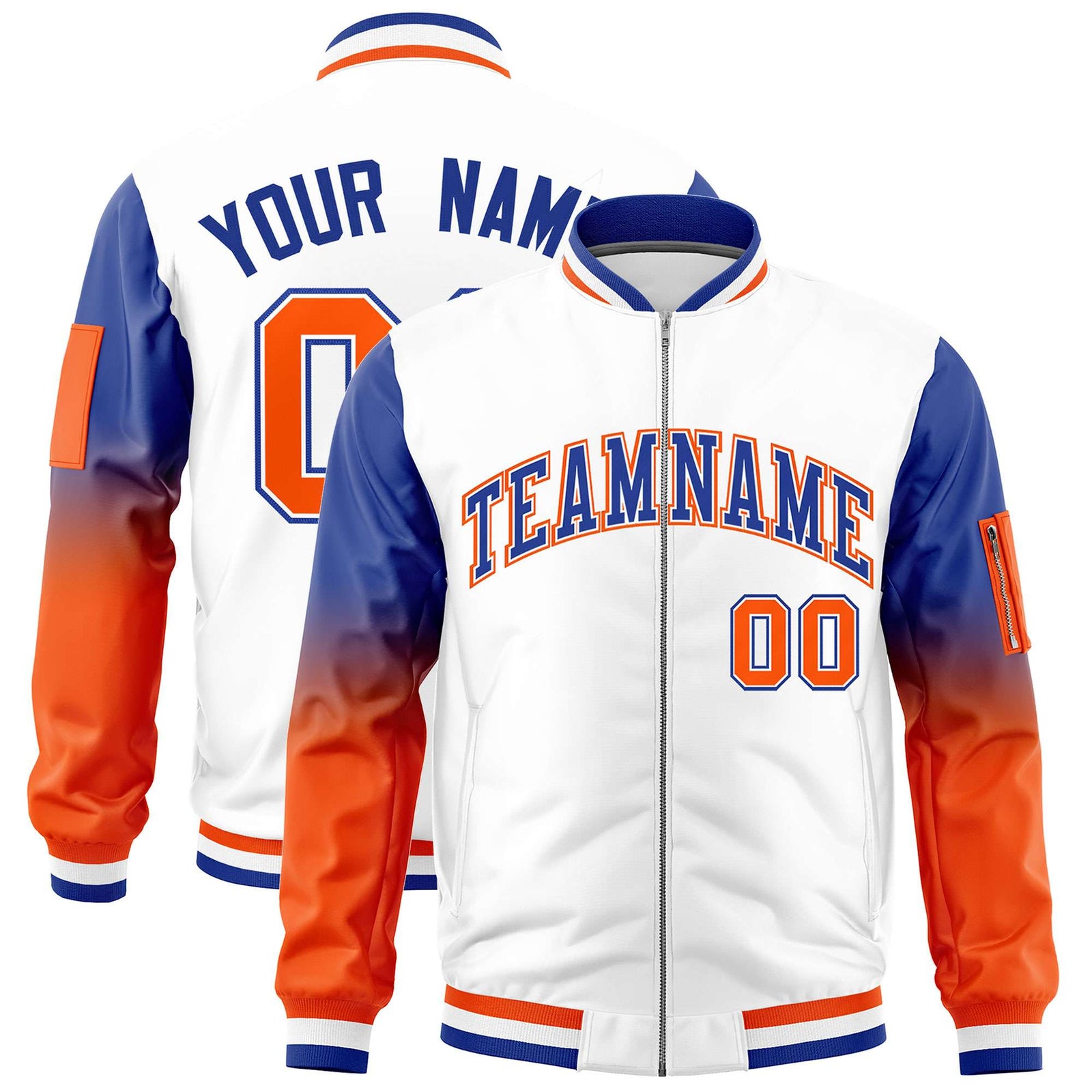Custom White Royal-Orange Gaglan Sleeve Gradient Varsity Full-Zip Letterman Bomber Jacket