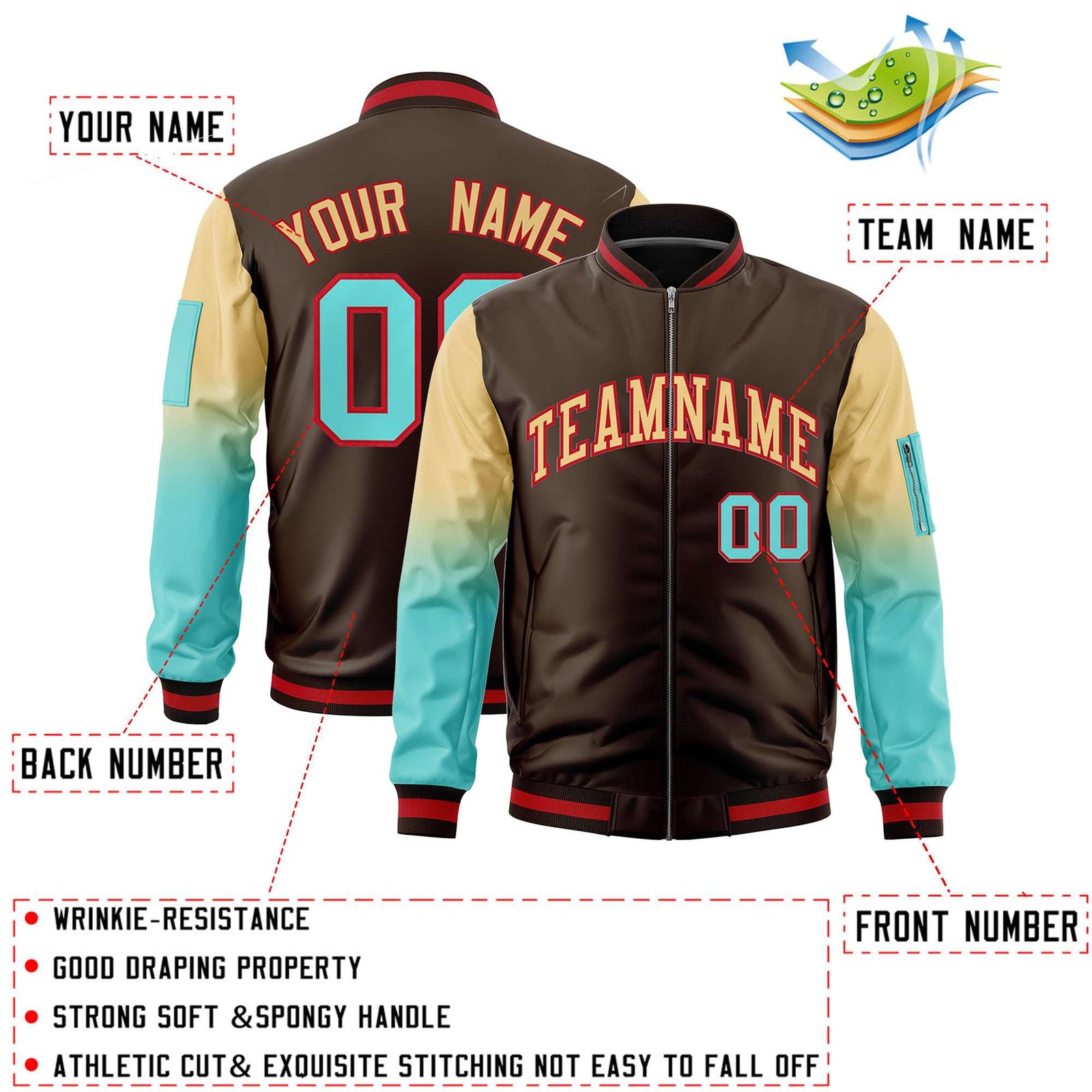 Custom Brown Khaki-Bright Green Gaglan Sleeve Gradient Varsity Full-Zip Letterman Bomber Jacket