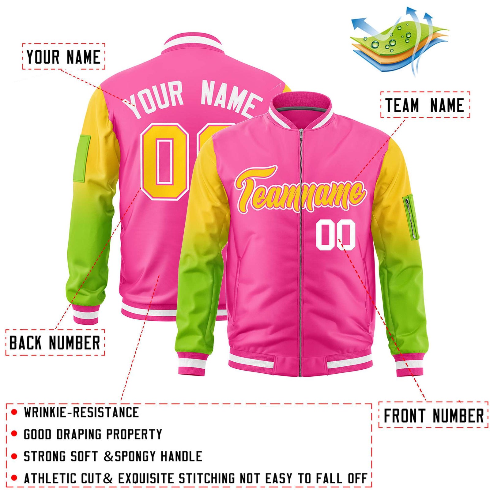 Custom Pink Gold-Neon Green Gaglan Sleeve Gradient Varsity Full-Zip Letterman Bomber Jacket