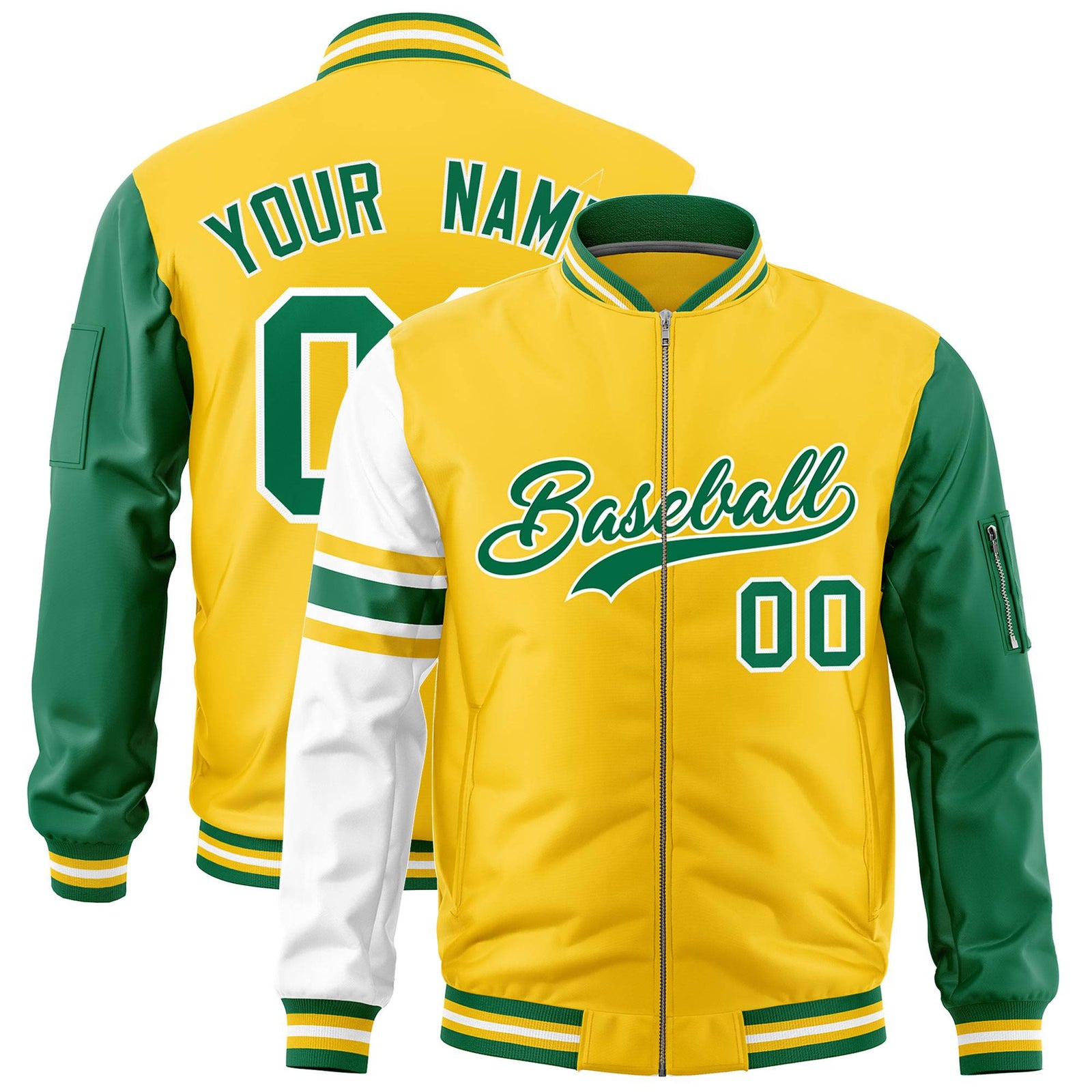Custom Gold Kelly Green-White Varsity Full-Zip Raglan Sleeves Stripe Letterman Bomber Jacket