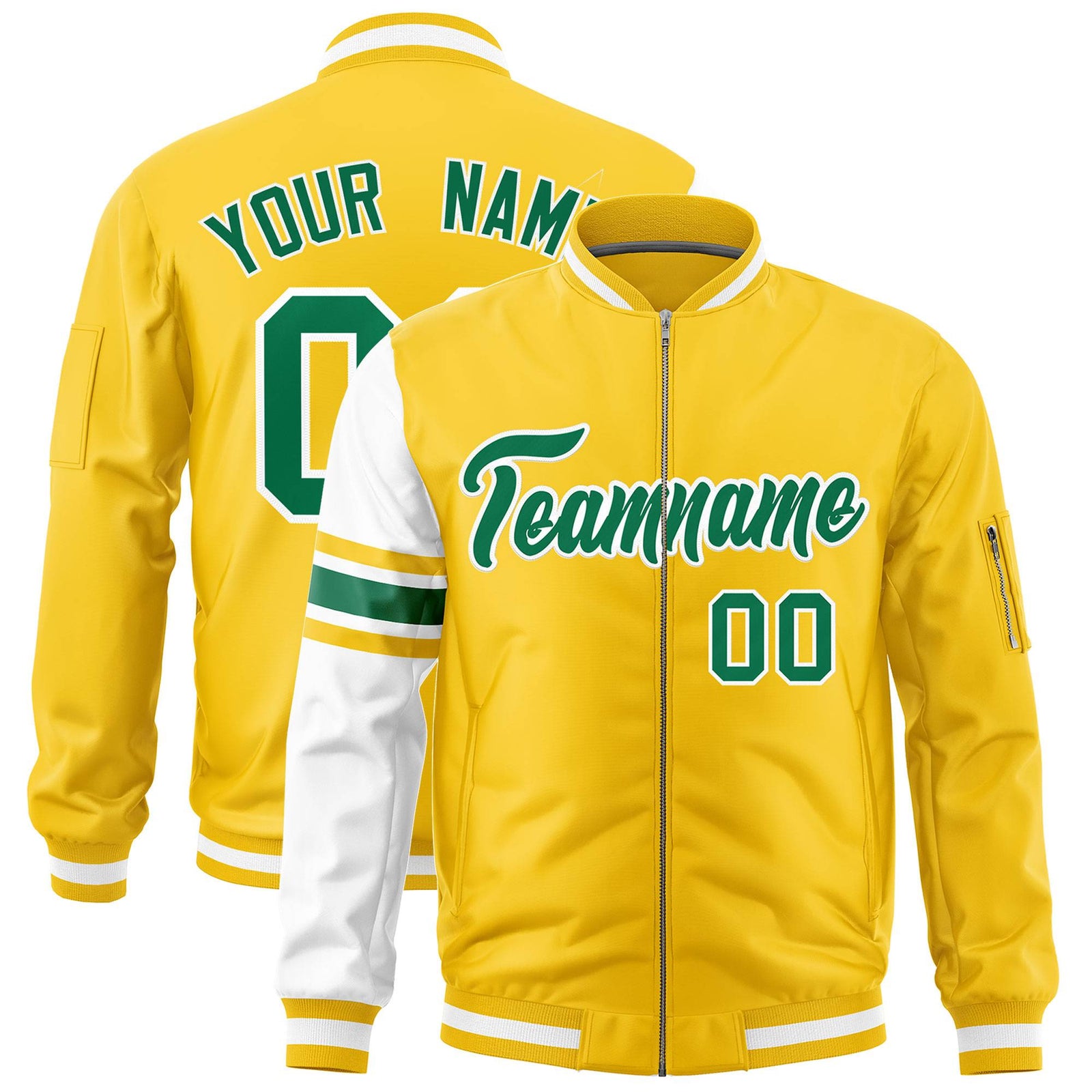 Custom Gold White Varsity Full-Zip Raglan Sleeves Stripe Letterman Bomber Jacket