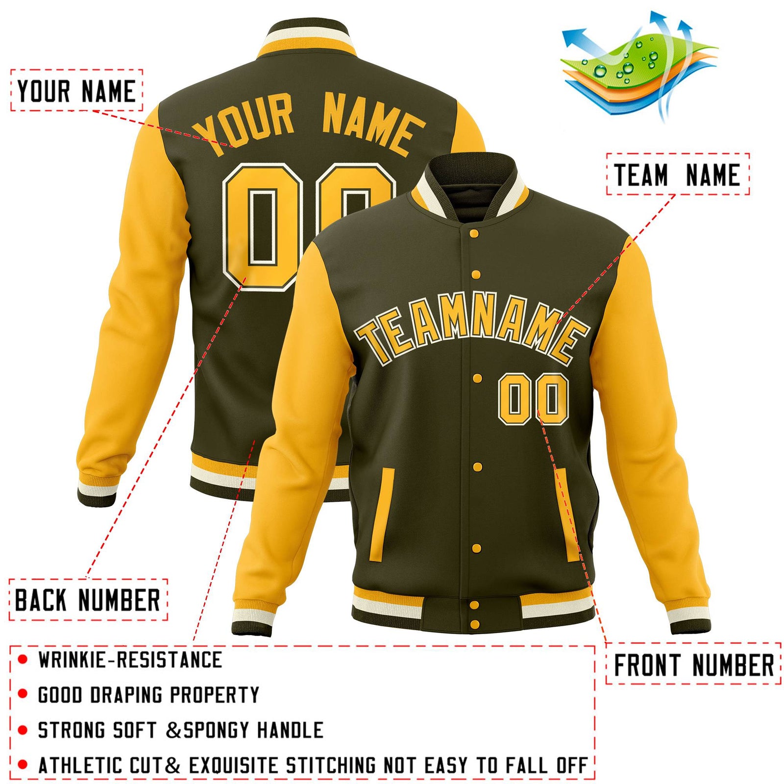 Custom Powder Blue Gold White Full-Snap Varsity Raglan Sleeves Letterman Baseball Jacket