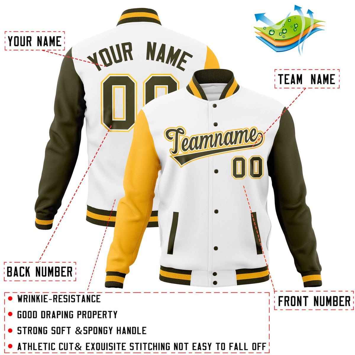 Custom Brown Red-Old Gold Full-Snap Varsity Raglan Sleeves Letterman Baseball Jacket