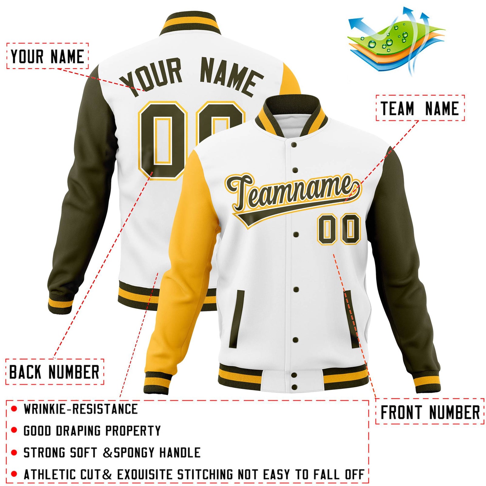 Custom Brown Red-Old Gold Full-Snap Varsity Raglan Sleeves Letterman Baseball Jacket