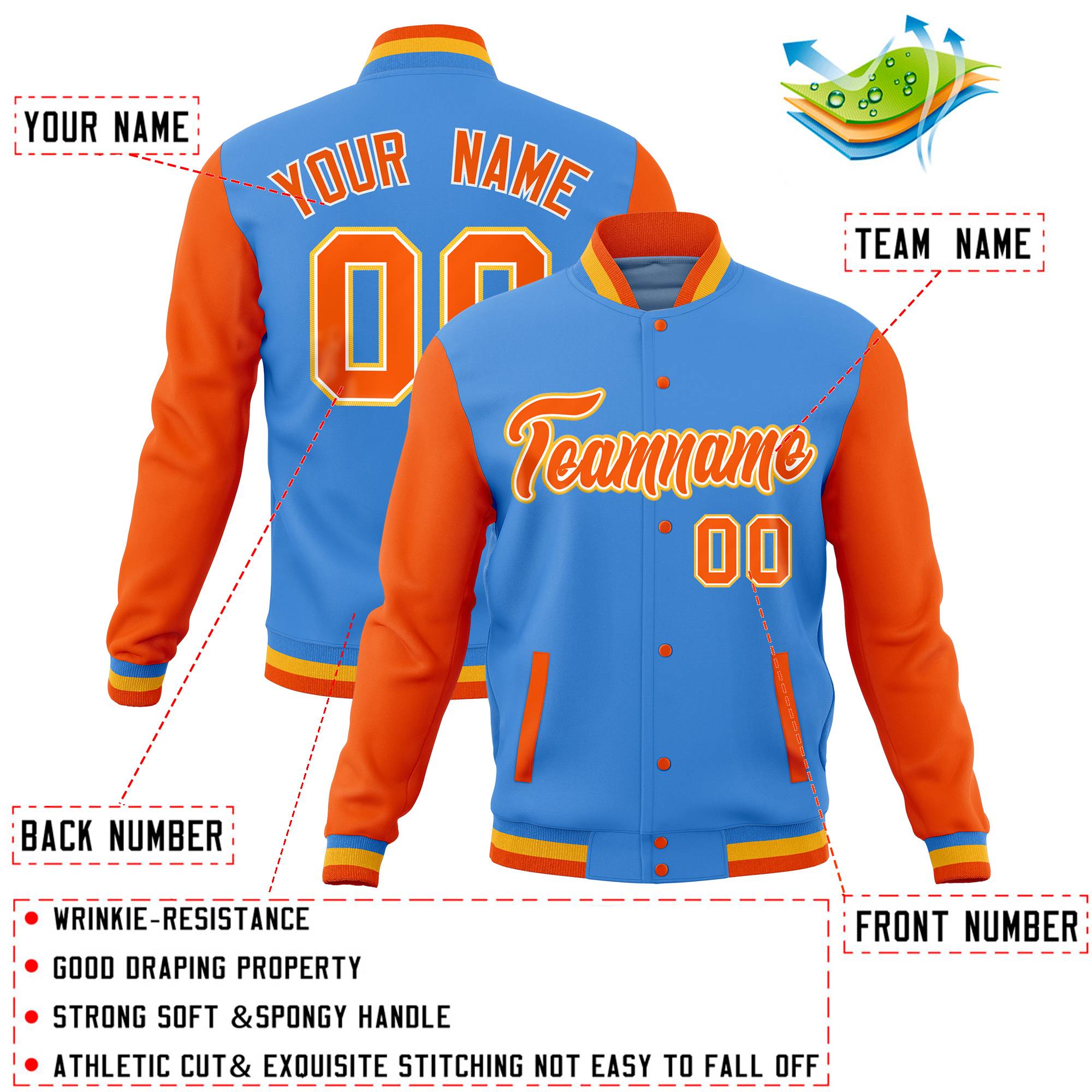 Custom Powder Blue Gold White Full-Snap Varsity Raglan Sleeves Letterman Baseball Jacket