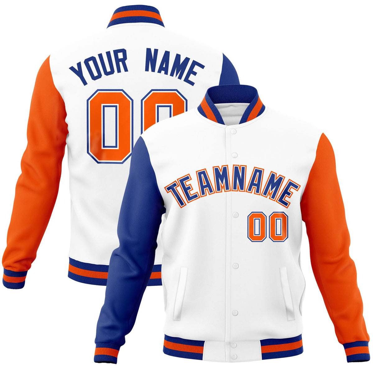 Custom White Orange-Royal Raglan Sleeves Varsity Full-Snap Letterman Jacket