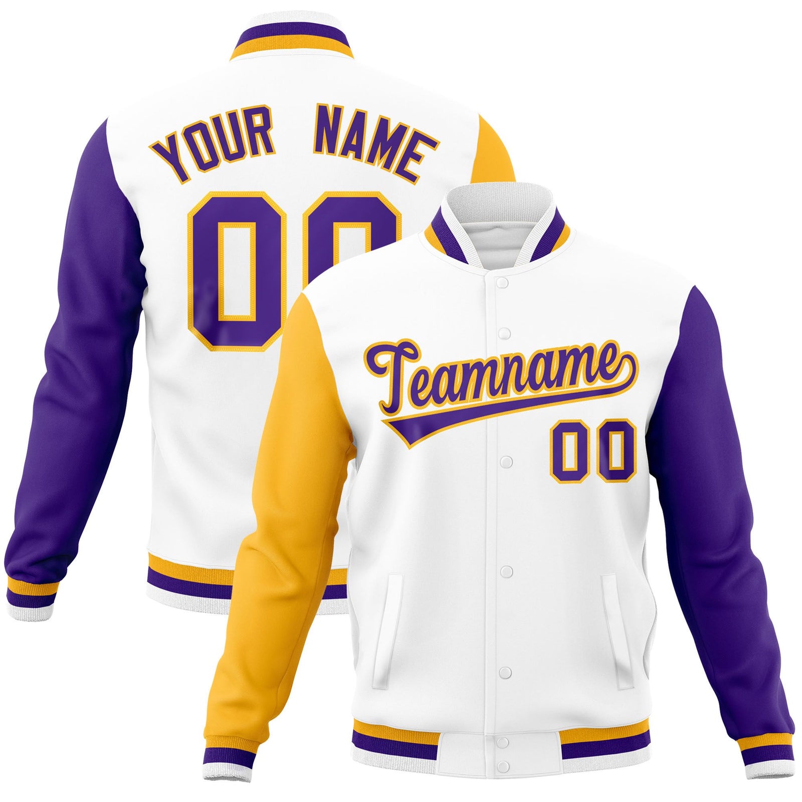 Custom White Purple-Gold Raglan Sleeves Varsity Full-Snap Letterman Jacket