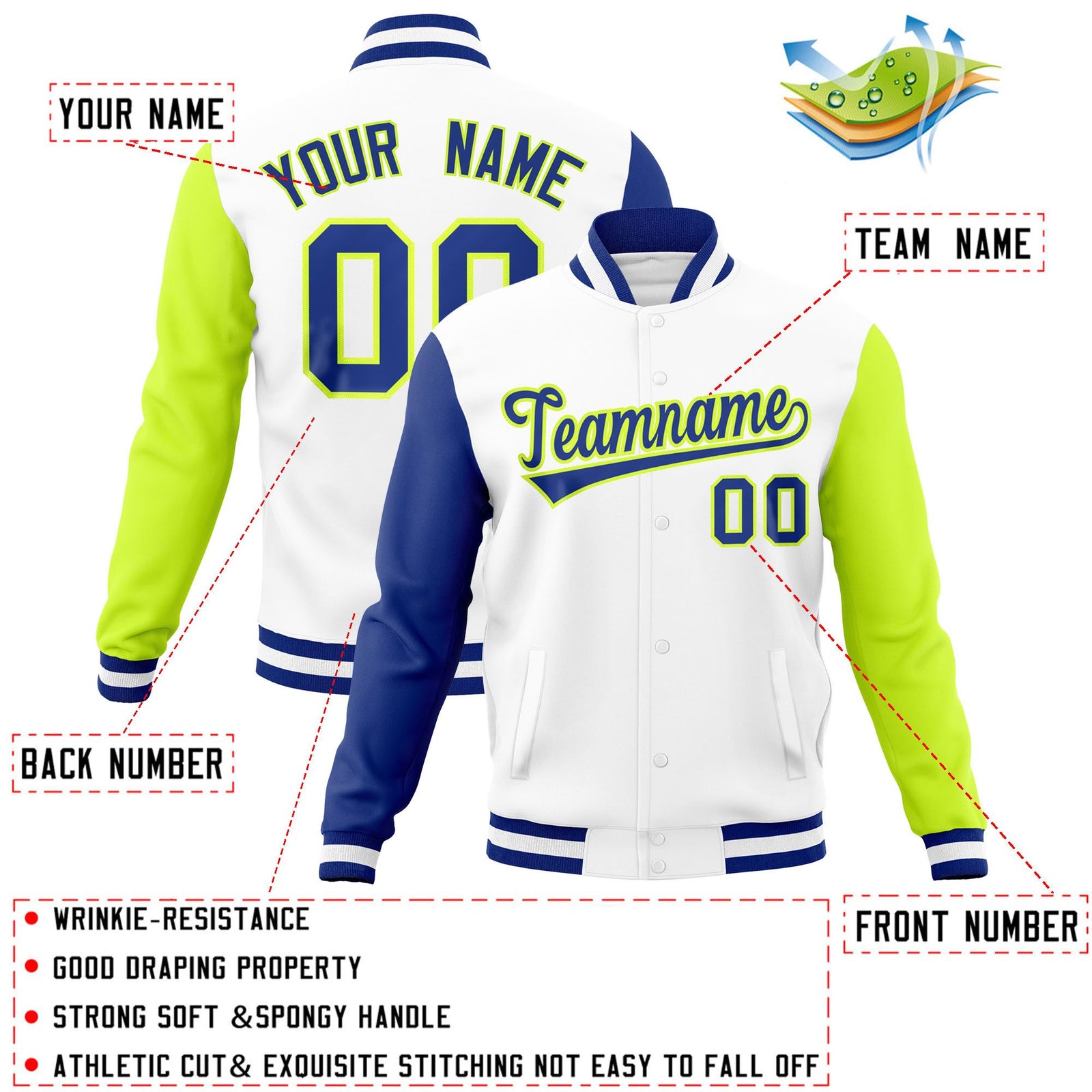 Custom White Neon Green-Royal Raglan Sleeves Varsity Full-Snap Letterman Jacket